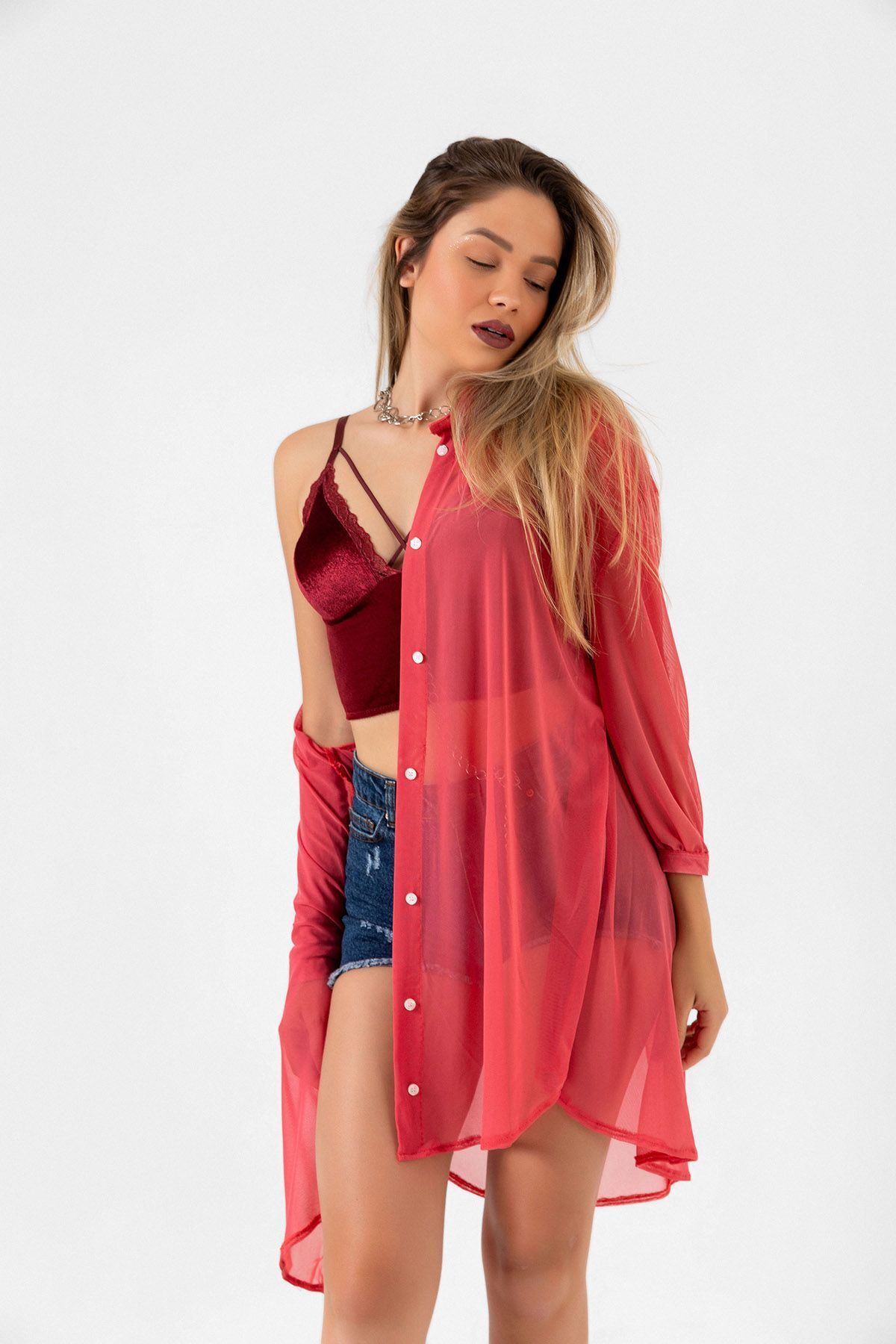 Oversize Tül Şifon Salaş Gömlek - 7