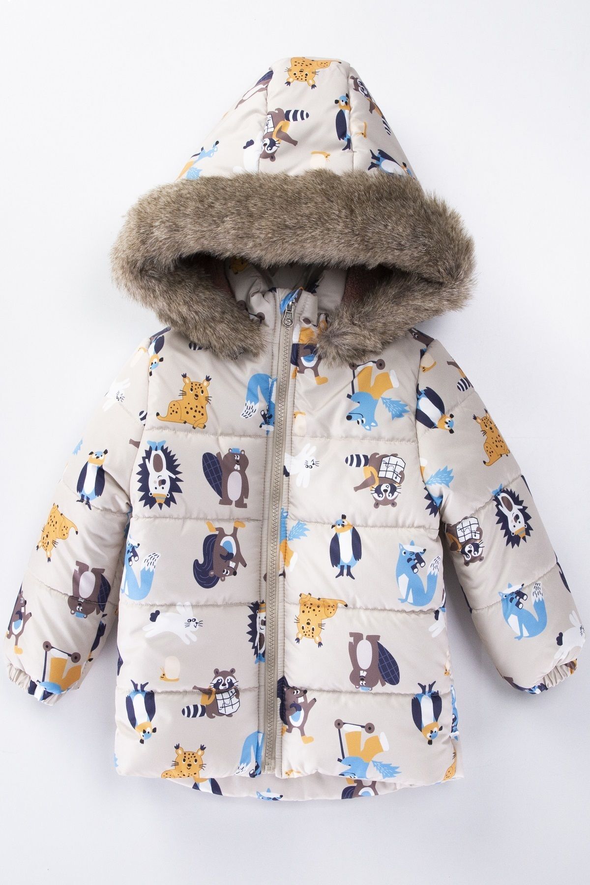  پالتو زمستانی طرح راکون و موش کور، بژ، مناسب برای سنین ۱ تا ۵ سال، با فویل و آستر خز و کلاه