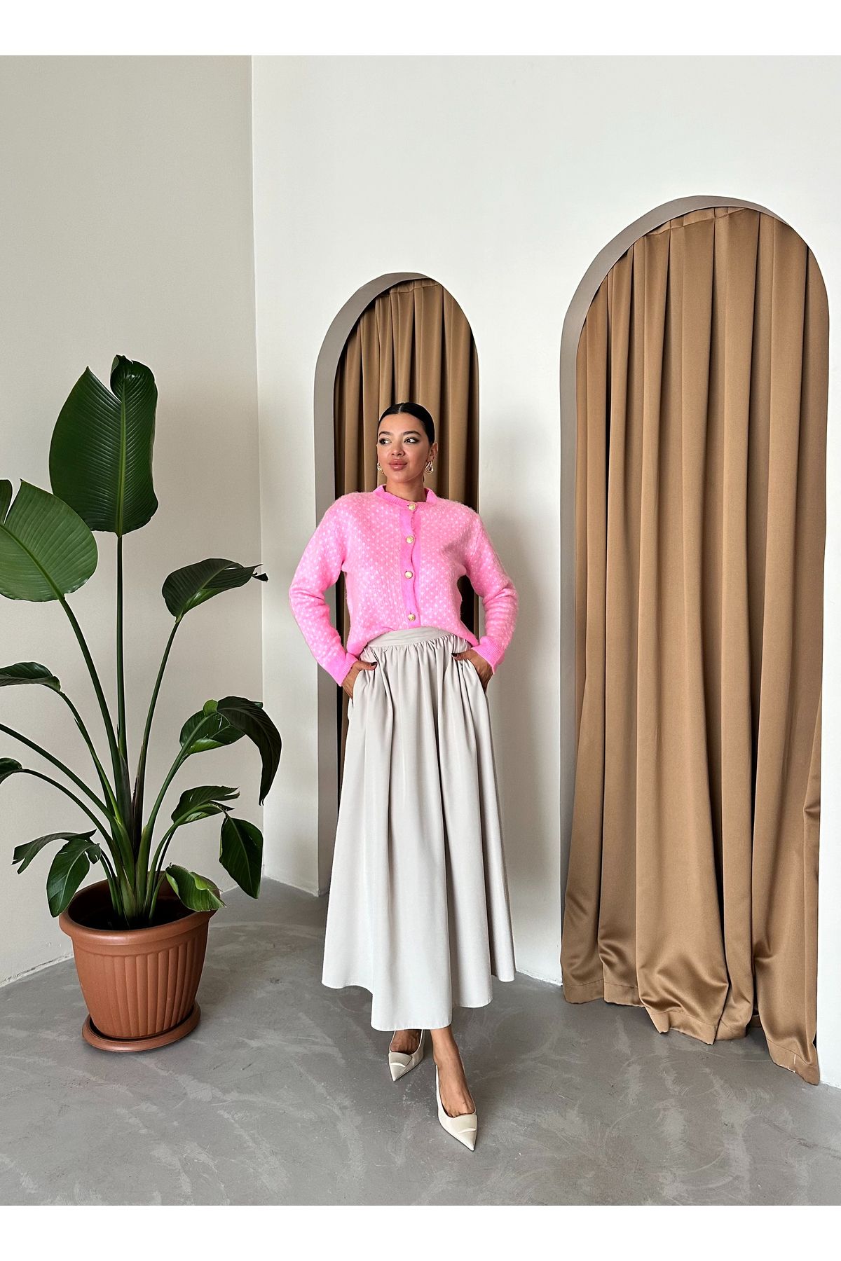 Laluvia-Bonbonrosa gemusterter Cardigan mit Goldknöpfen-4468 3