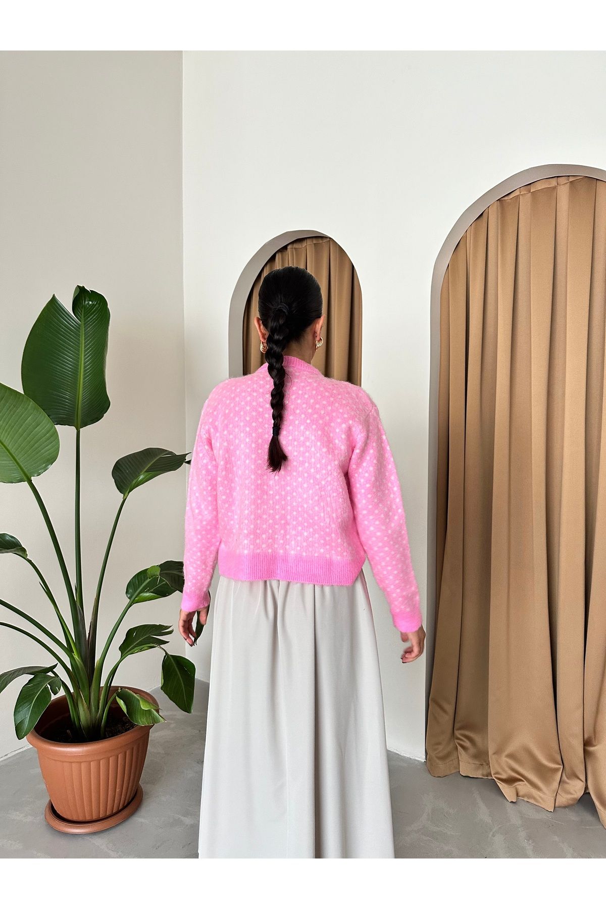 Laluvia-Bonbonrosa gemusterter Cardigan mit Goldknöpfen-4468 8
