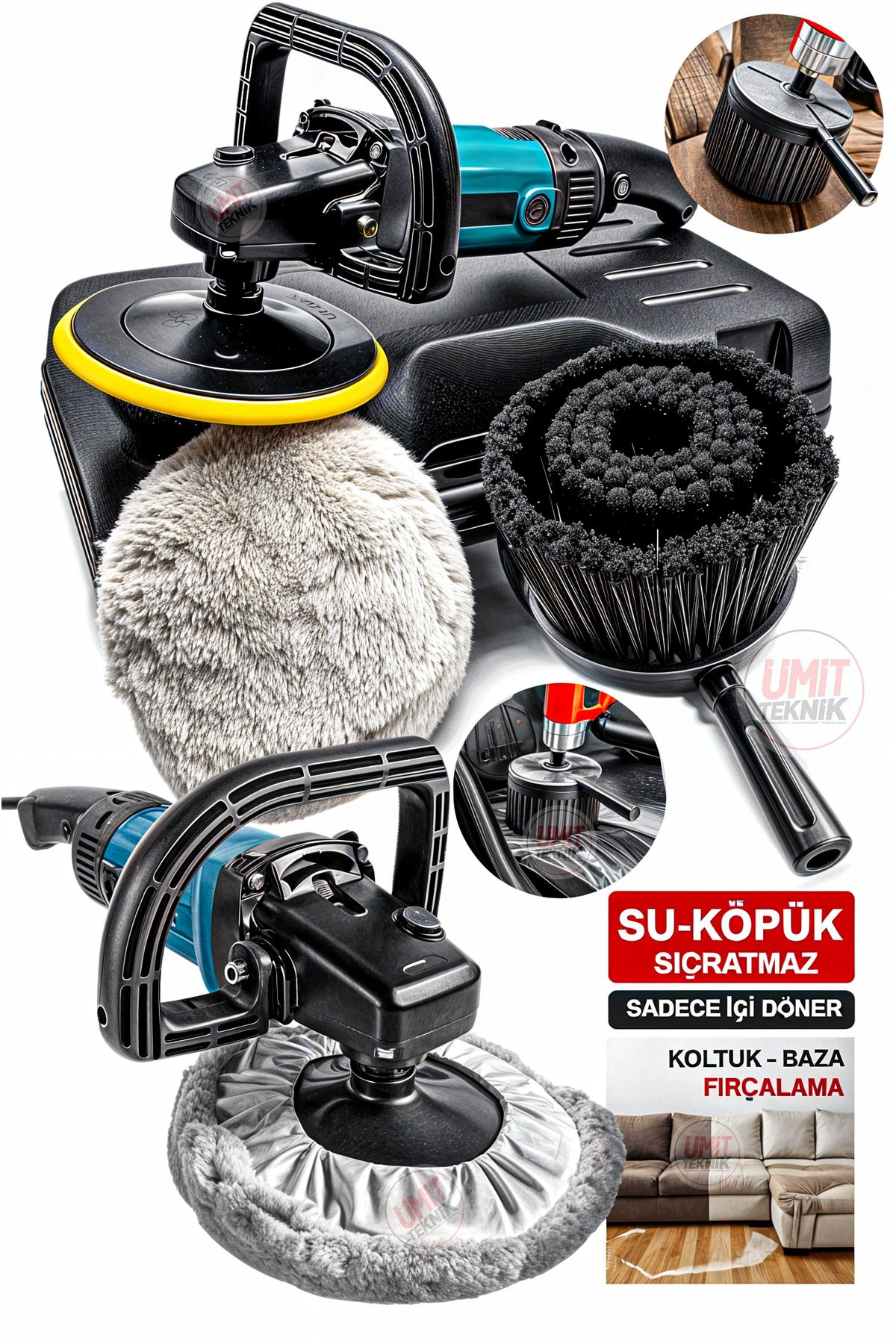 PROXTECH Pro 6 Kademeli Devir Ayarlı Su Sıçratmaz Fırça Koltuk Yıkama Pasta Cila Polisaj Makinesi Fırça Takım
