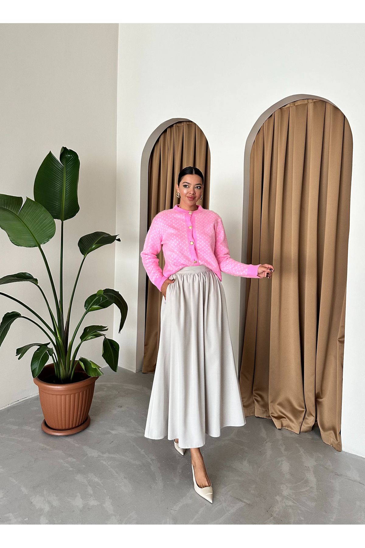 Laluvia-Bonbonrosa gemusterter Cardigan mit Goldknöpfen-4468 4