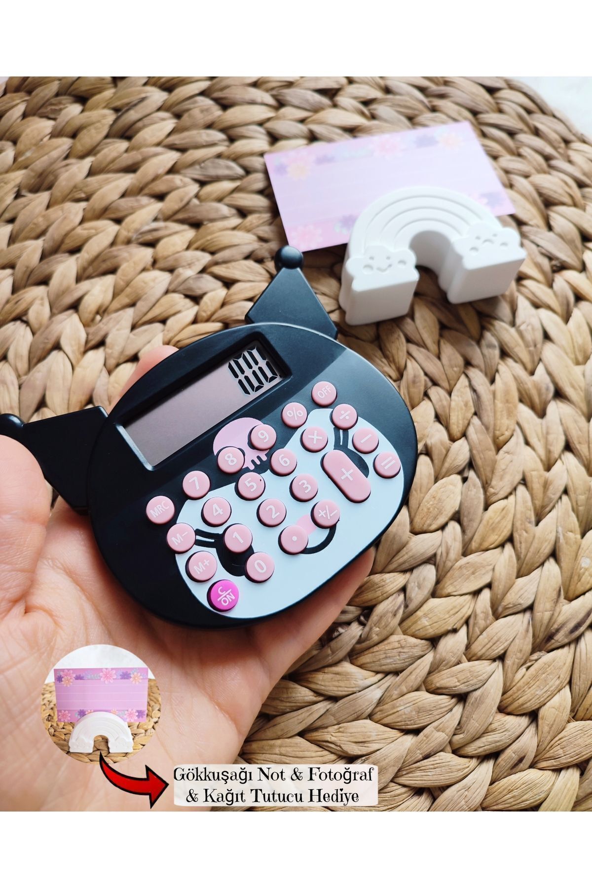Pembe Çarşı Kuromi Mini Hesap Makinesi & Gökkuşağı Not Tutucu