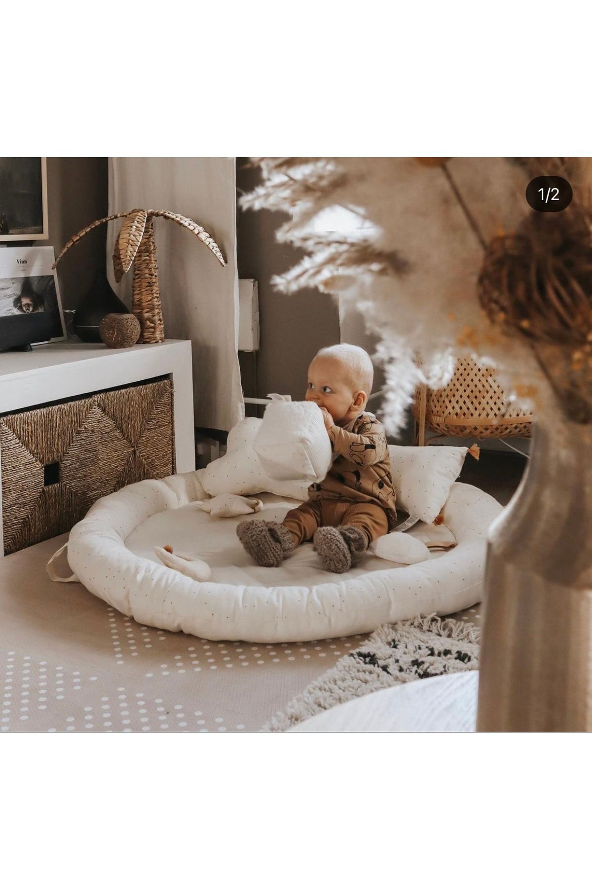 Balküpü Sling Yenilendi(AKSESUARLAR DAHİL) Puantiyeli Dolgun Krem Uyku Ve Oyun Minderi- Matı fotoğrafı 3 (önizleme)