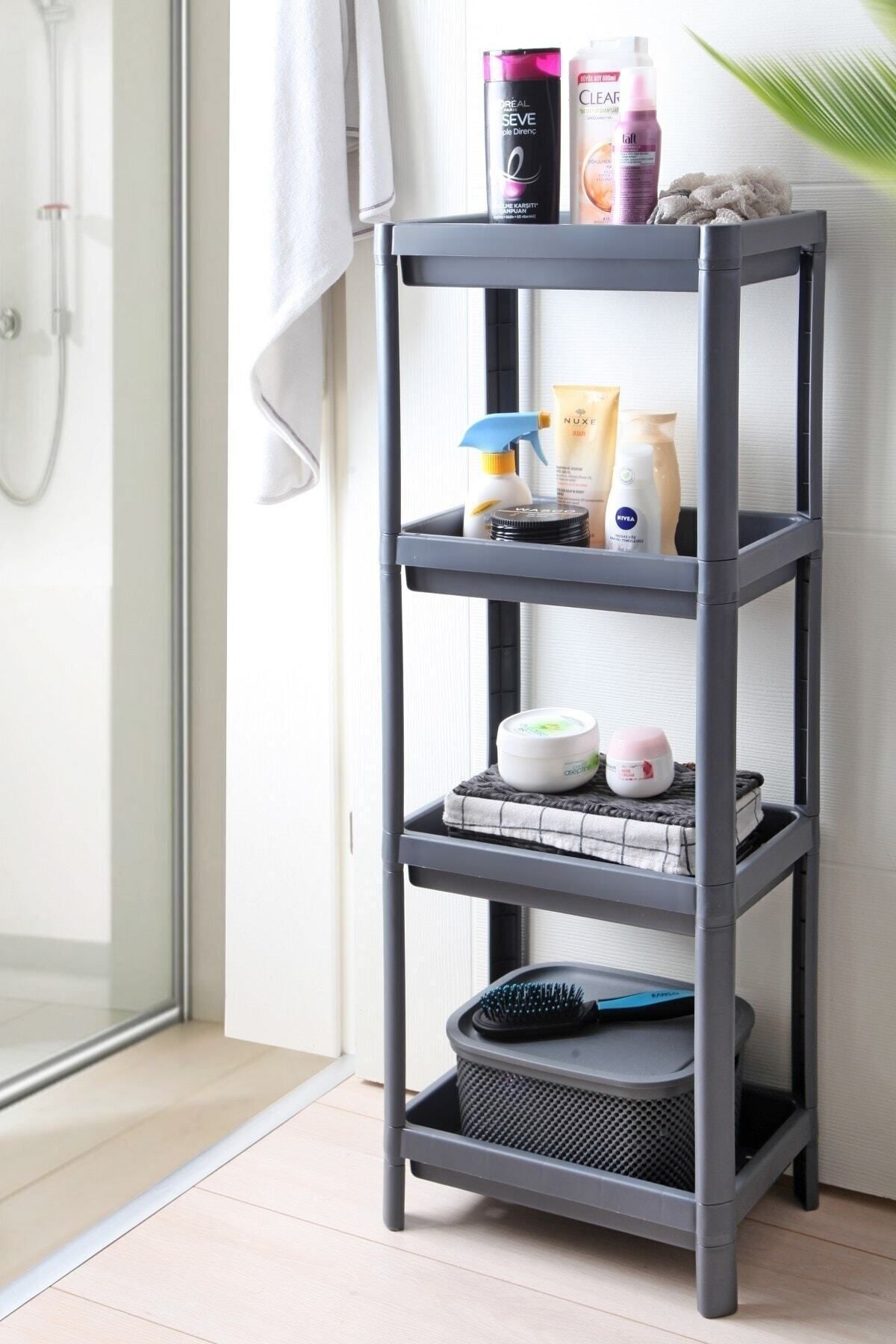 4-Tier Bathroom Shelf Kitchen Shelf Grey Bathroom Organizer Shampoo Towel Rack Detergent Organizer