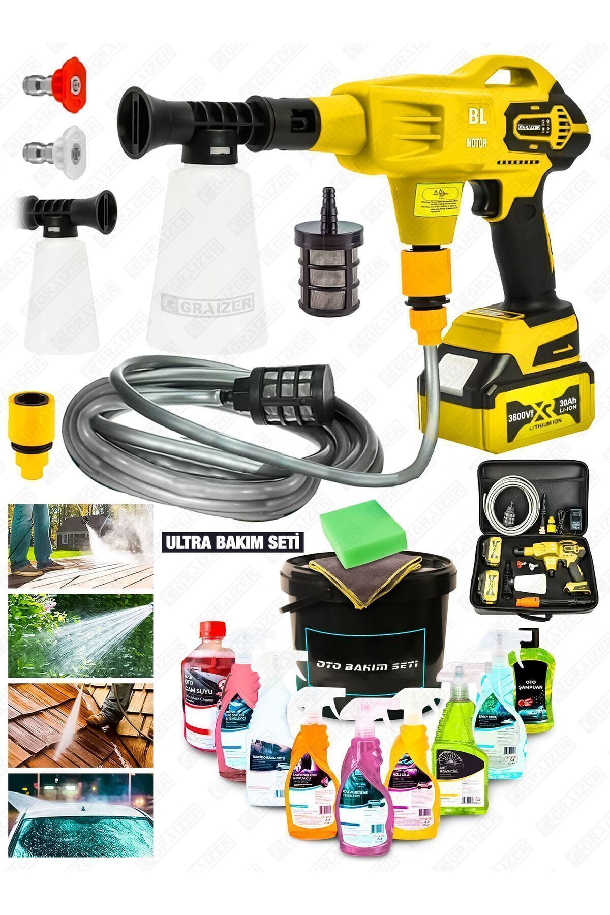 Graizer Alman 3800 Vf 100 Bar Kömürsüz Şarjlı Oto Yıkama Makinesi Çift Akü Bahçe Yıkama + 12 Pcs Bakım Seti