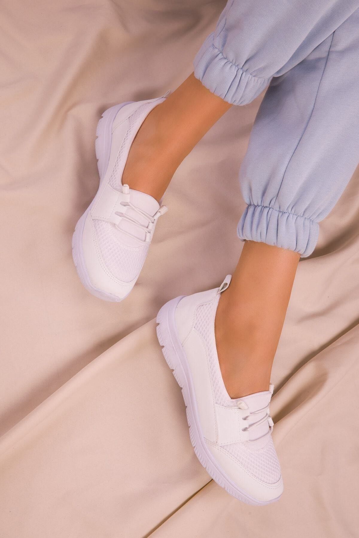 expres moda  Kadın Beyaz Rengi Esnek Faylon Taban Tam Ortapedik Rahat Spor Babet Ayakkabı Ser-041 - Görsel 2