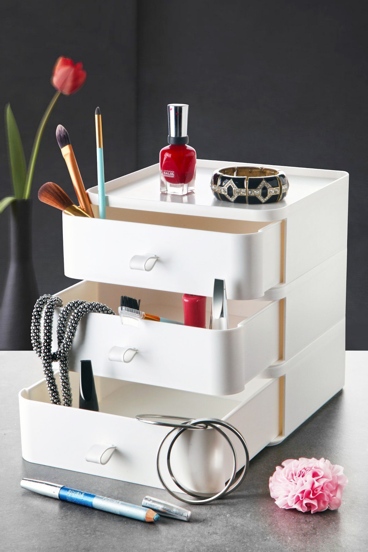 3-Piece Jewelry Makeup And Cosmetic Organizer Drawer Multi-Purpose Desktop Organizer White