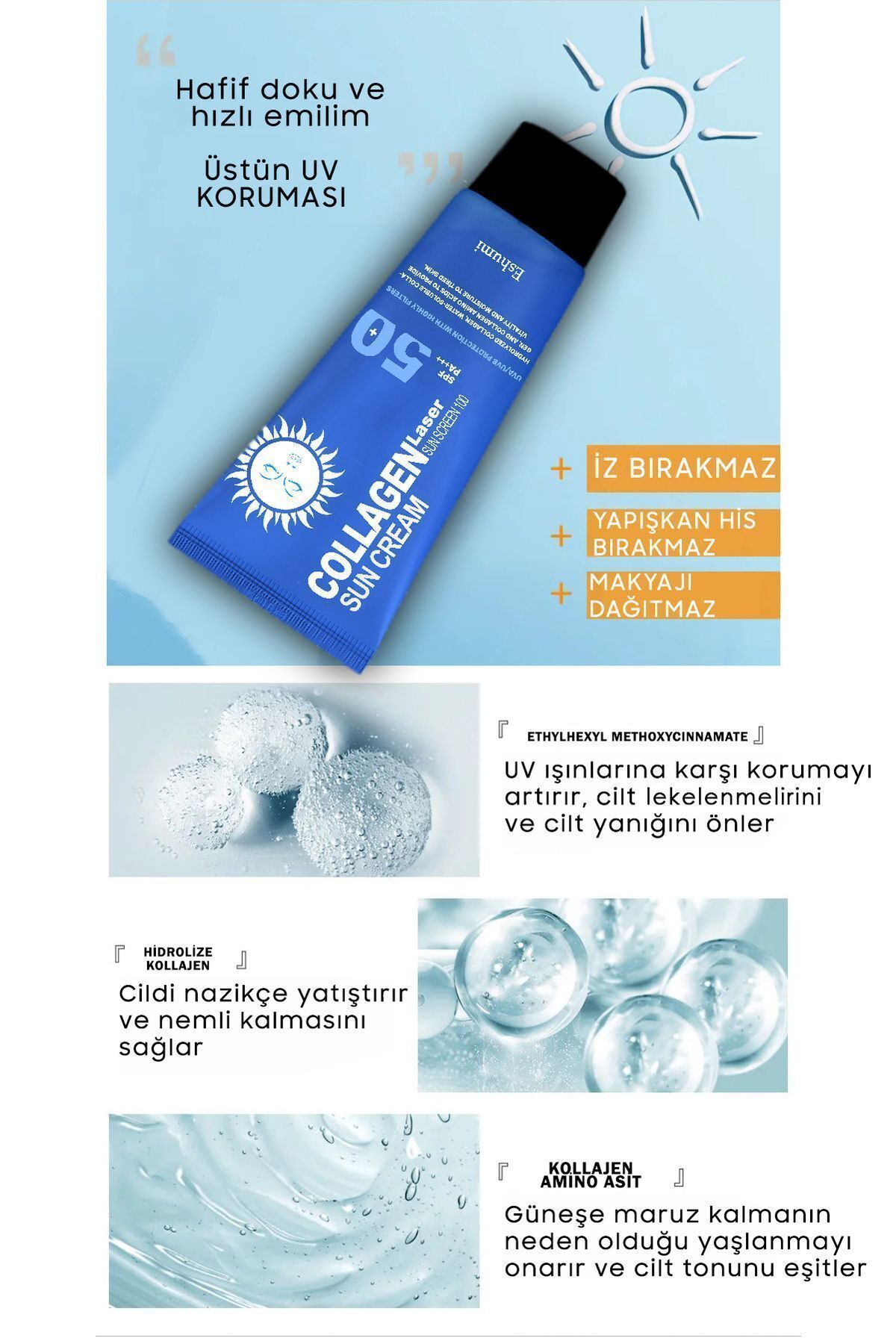 کرم ضد آفتاب لیزری مرطوب کننده و روشن کننده کره ای Spf50 Pa حاوی کلاژن خالص و نیاسینامید ESHUMİ