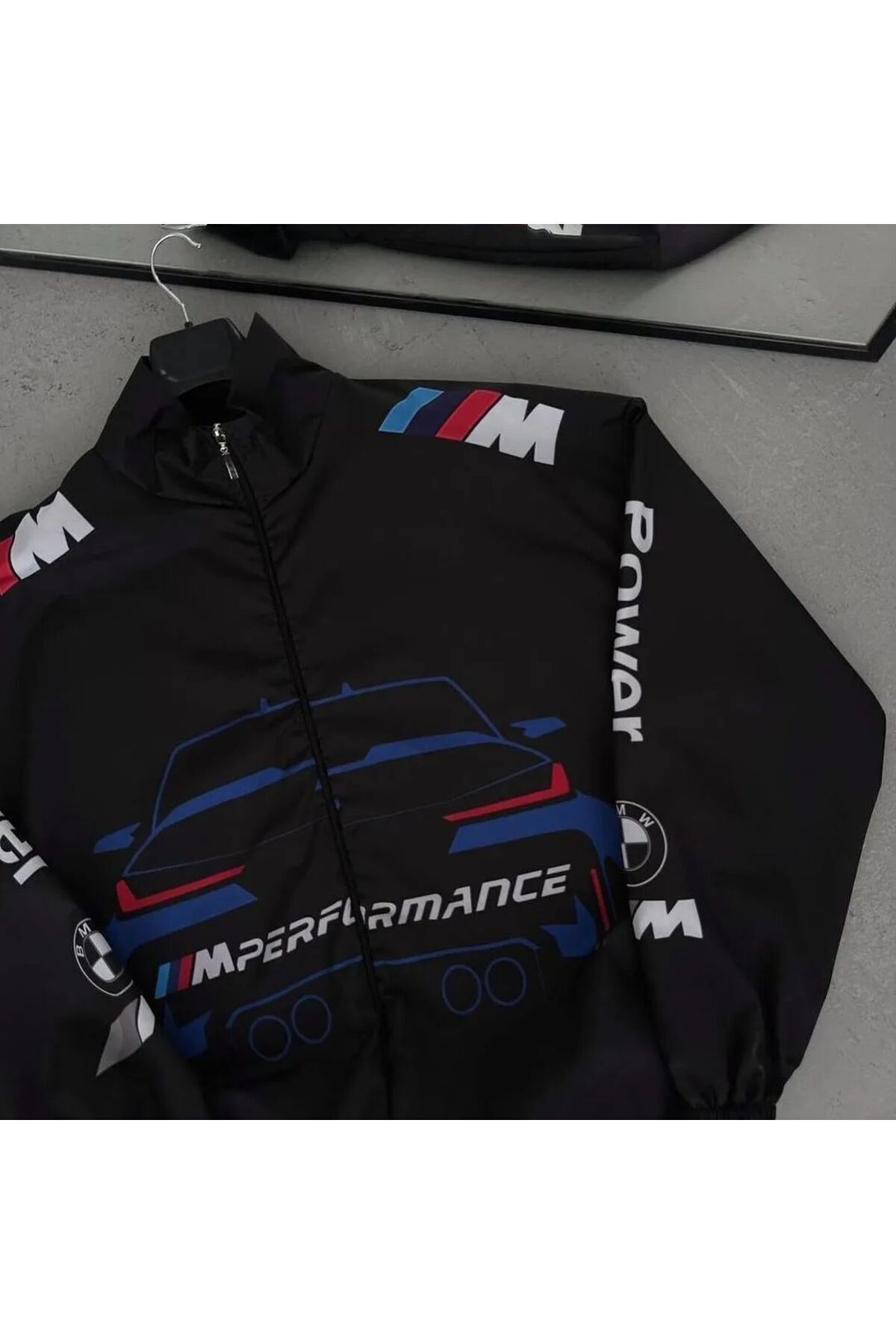 memetti m şekil BMW //M Retro Unisex Paraşüt Kumaş Oversize Dijital Baskılı Siyah Rüzgarlık Yağmurluk İnce Ceket
