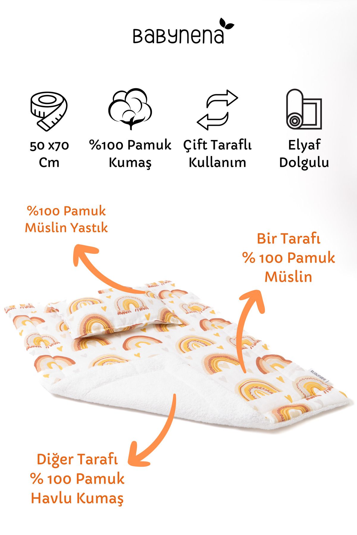 % 100 Pamuk Müslin-Havlu Çift Taraflı Alt Açma Örtüsü, Alt Açma Matı, Alt Açma Minderi 50x70 Cm
