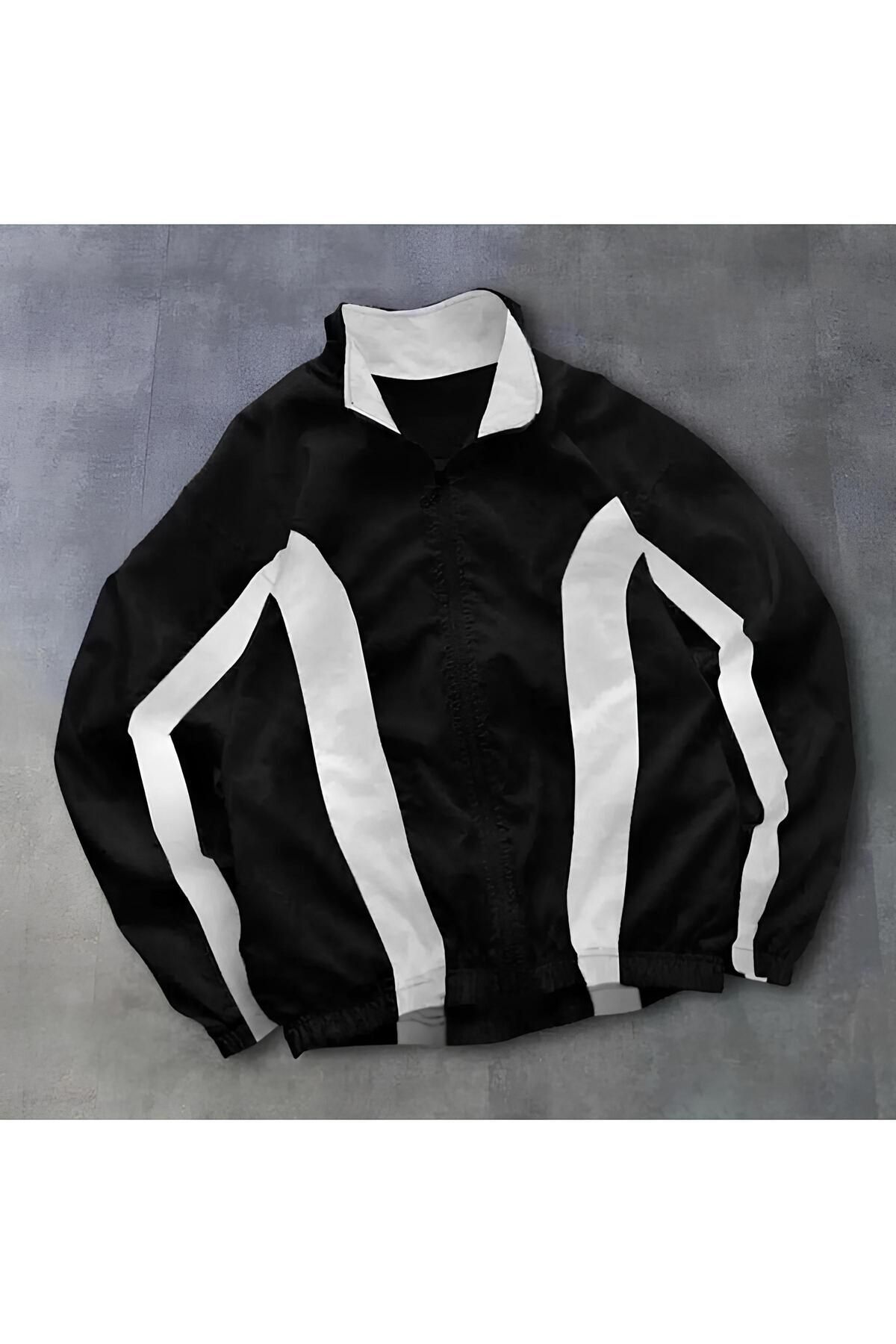 memetti m şekil Unisex Paraşüt Kumaş Oversize Dijital Baskılı Siyah Rüzgarlık Yağmurluk