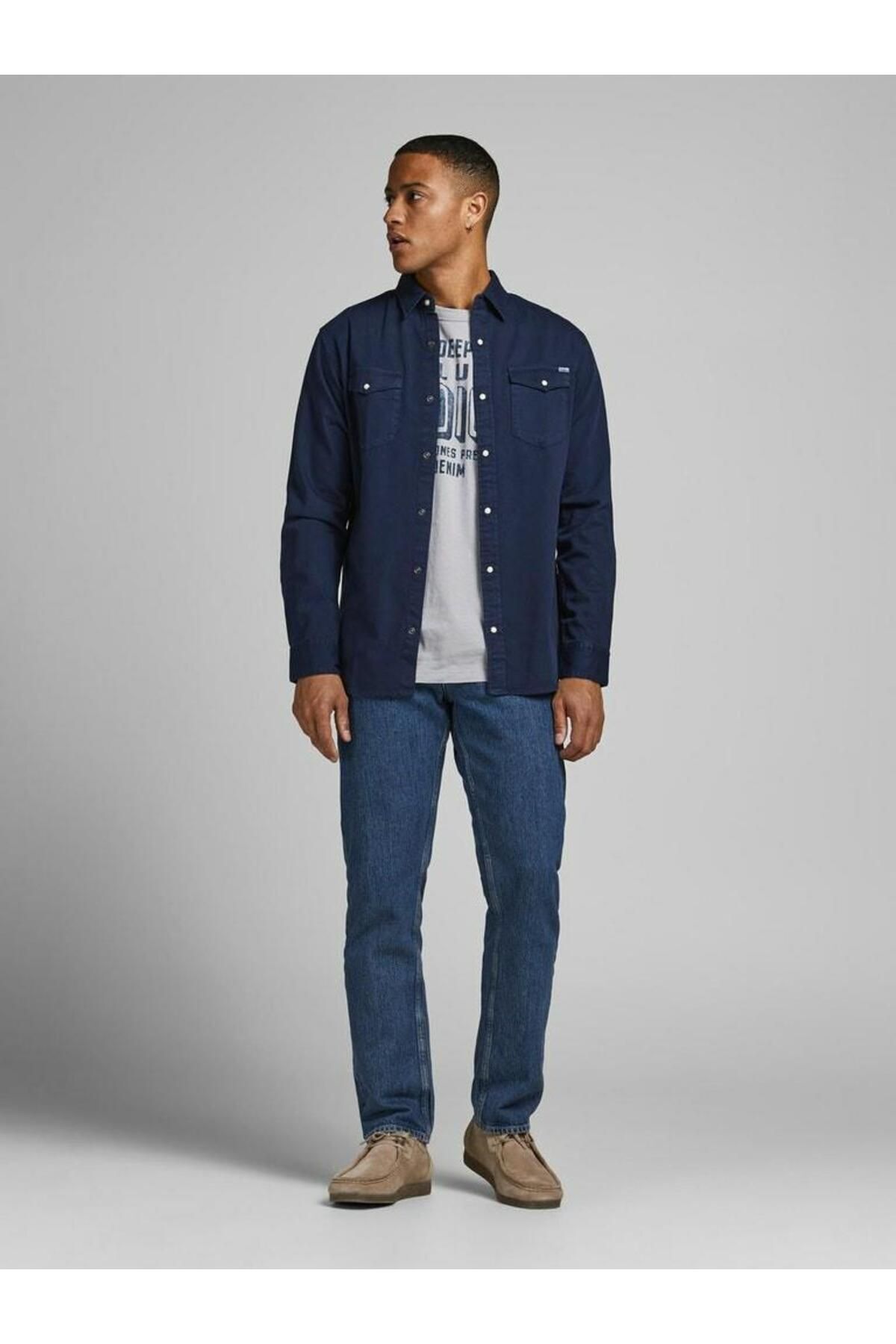 پیراهن جک اند جونز مردانه پنبه ای آبی سرمه ای  راسته Regular/رگولار     کژوال/روزمره | Jack & Jones 12138115-Dark Navy TR - تصویر 4