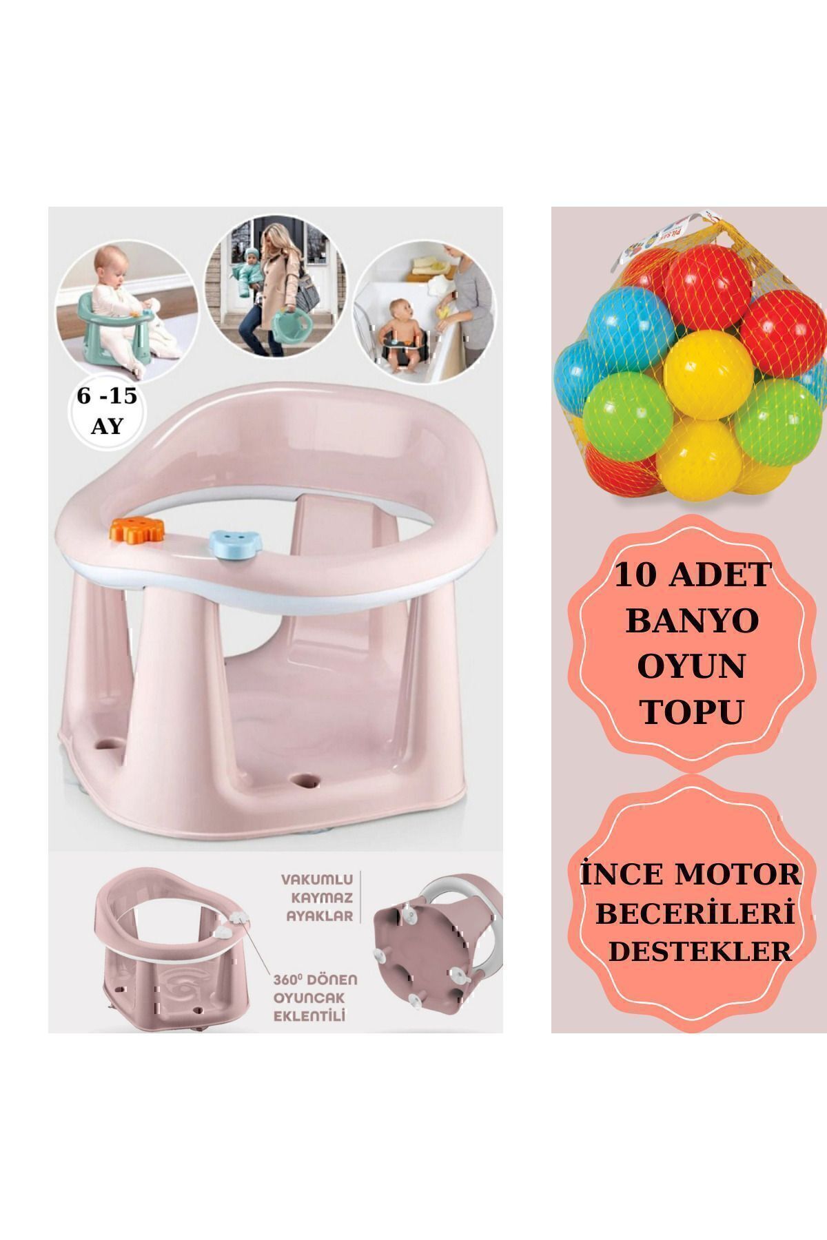 Zuu Baby Bebek Banyo Oturağı - Vakum Tabanlı Bebek Mama Oturağı - Bel Destekli Vakumlu Mama, Pudra 10 Top