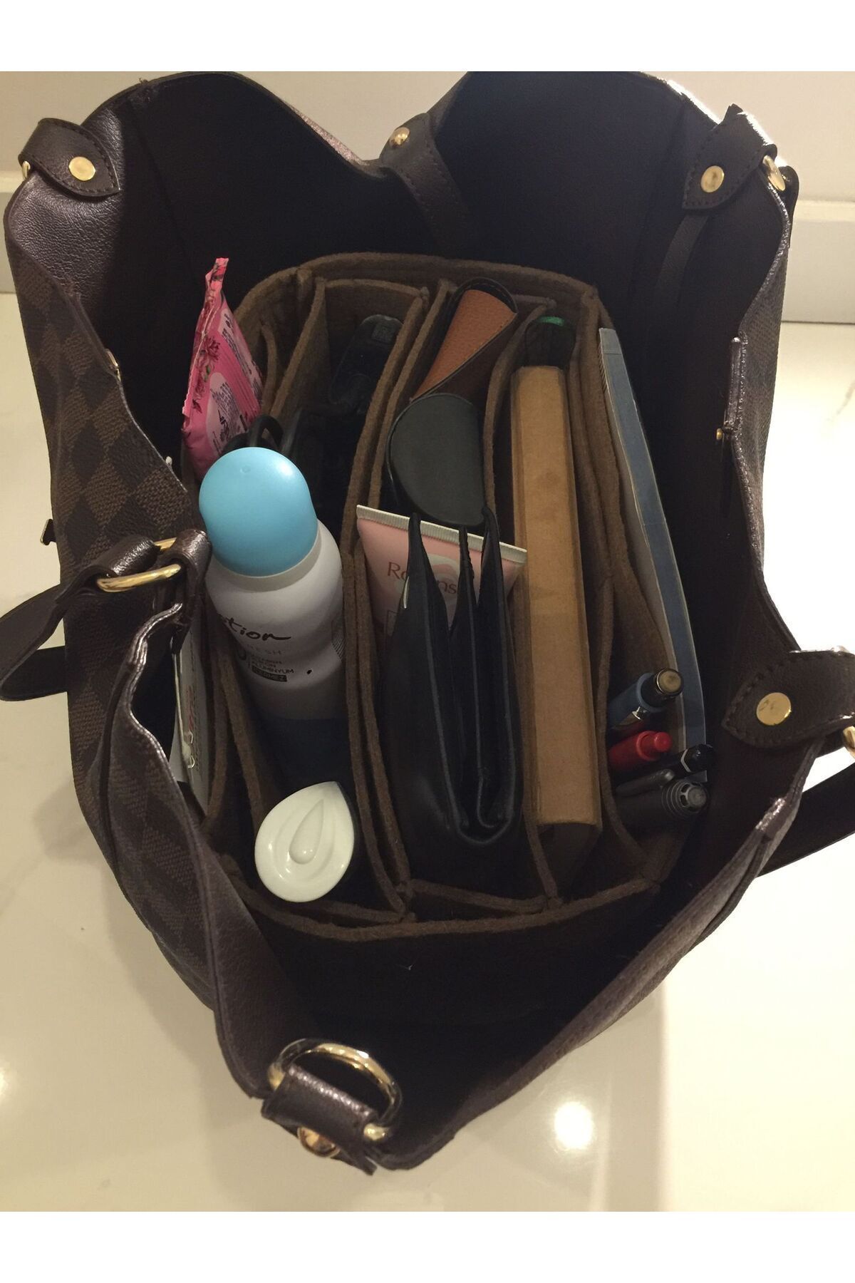 MARJİNAL W CLUB Çift Orta Bölmeli Çanta Içi Organizer 32/16/16 Olculu Sutlu Kahve Renk