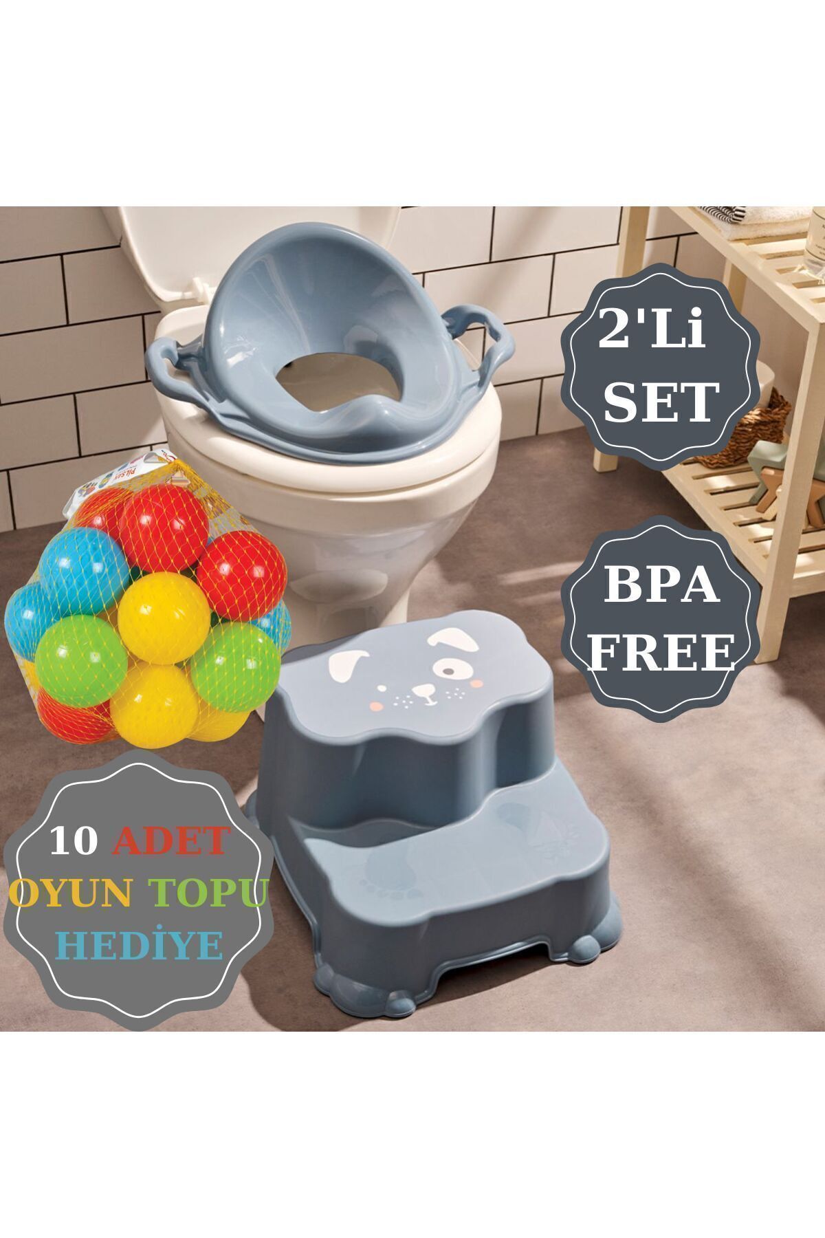 Non-Slip Double Step Children's Stool And Toilet Seat With Handle Toilet Exercise 2-Piece Set Blue 10 Balls