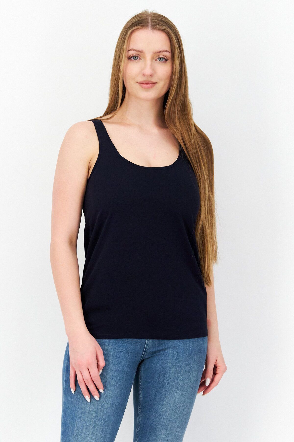 French Connection-Women Scoop Neck Sleeveless Plain Top, Navy Blue 1