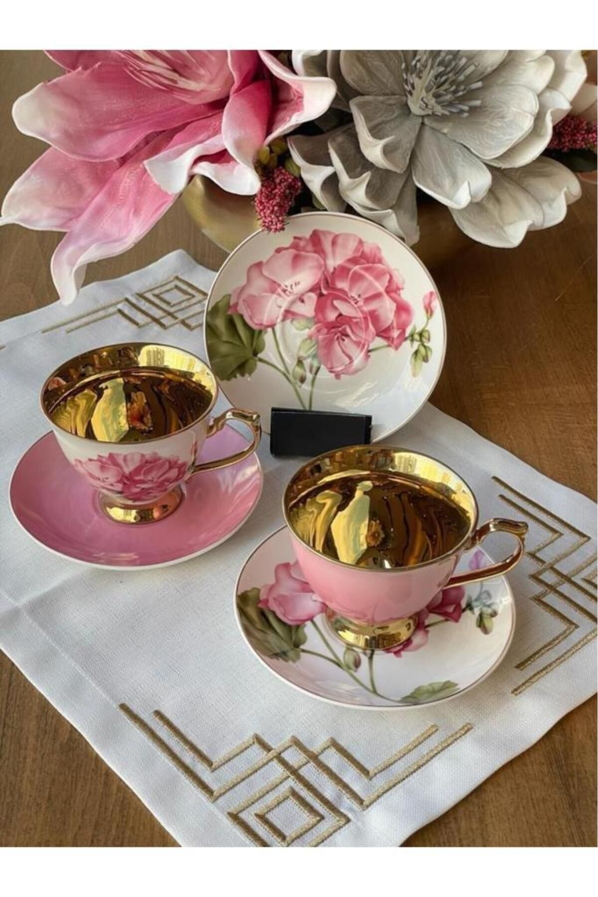 Sembol Smyrna Pembe Gold Çiçekli 6 Kişilik Porselen Kahve Fincan Takımı ...