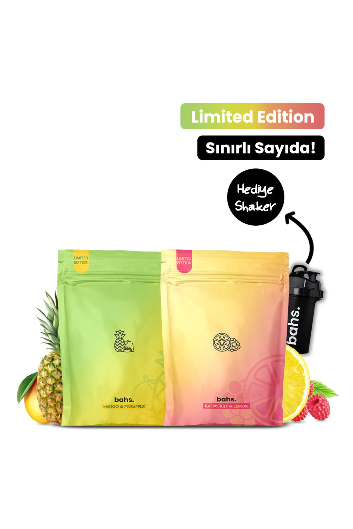 bahs. Öğün Tozu (20 öğün) | 1 Mango & Pineapple 1 Raspberry & Lemon | x1 Shaker HEDİYE