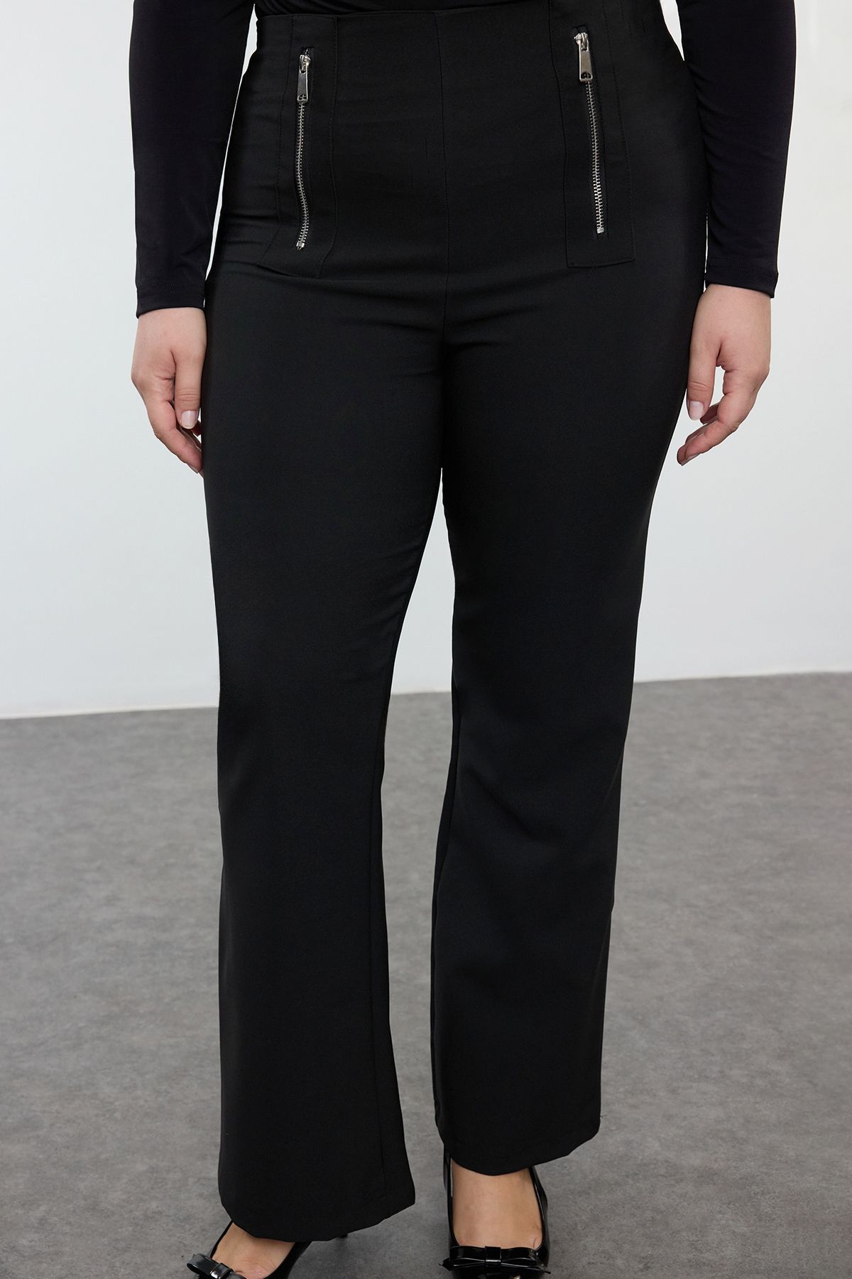 Trendyol Curve-High Waist Black Woven Flare Pants - Large Size 3