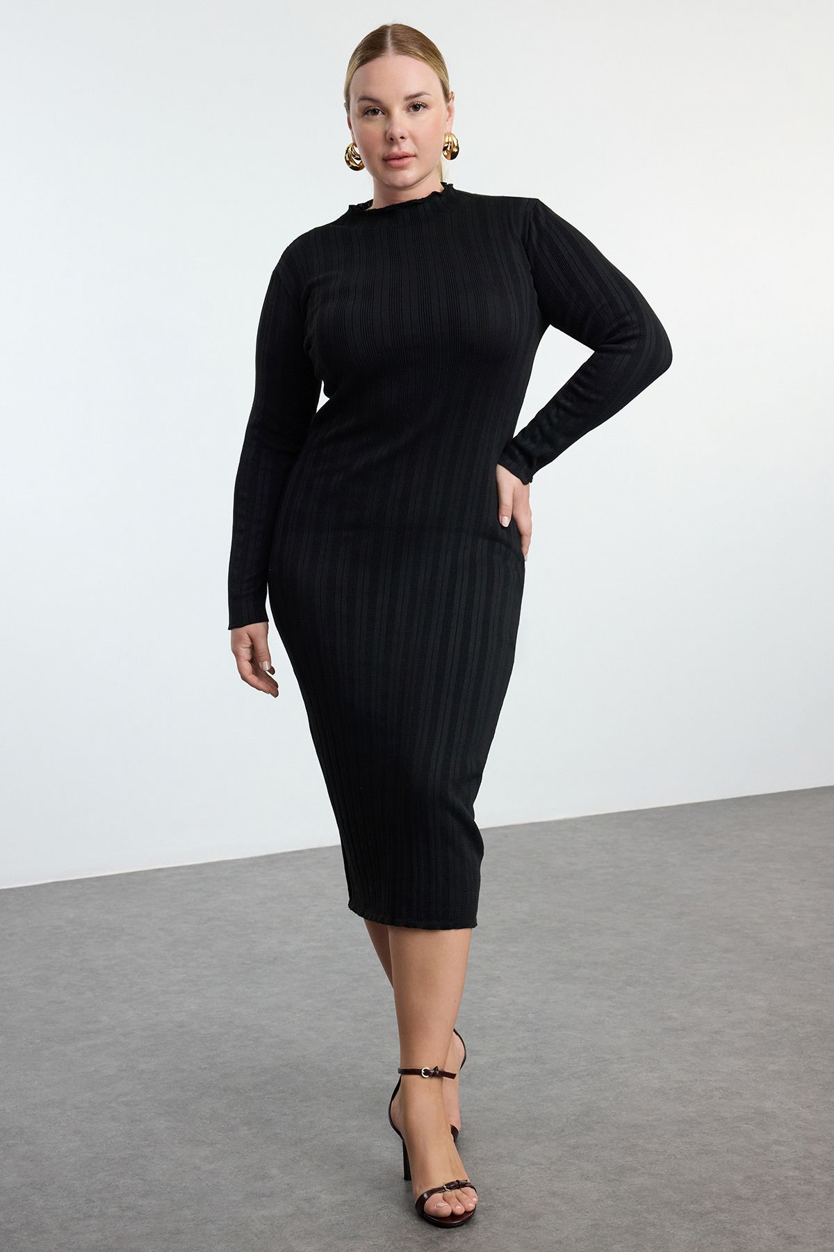 Trendyol Curve-Rochie tricotată neagră cu nervuri premium - guler vertical TBBAW25AH00023 2