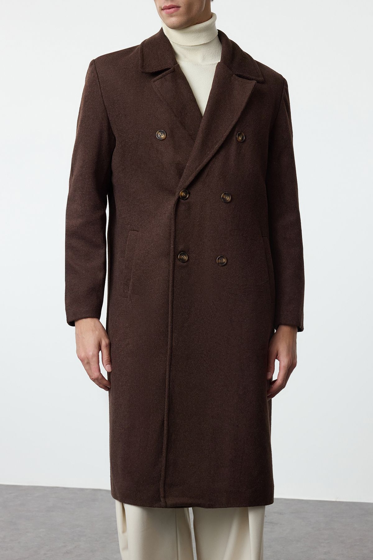 Trendyol Collection-Langer brauner zweireihiger Stamp-Wintermantel - Loose Fit TMNAW23KB00003 5