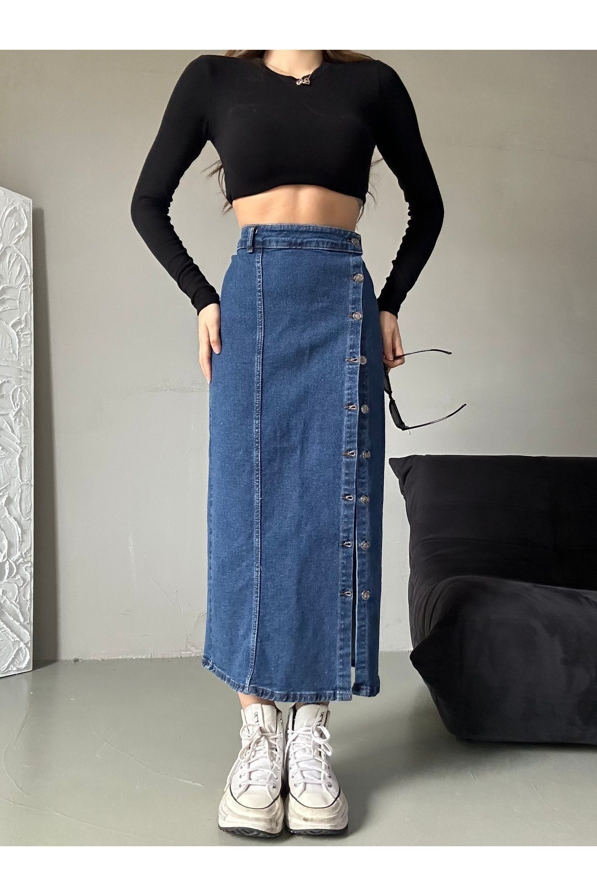 Kadın Önü Düğmeli Maxi Boy Koyu Mavi Likralı Denim Etek