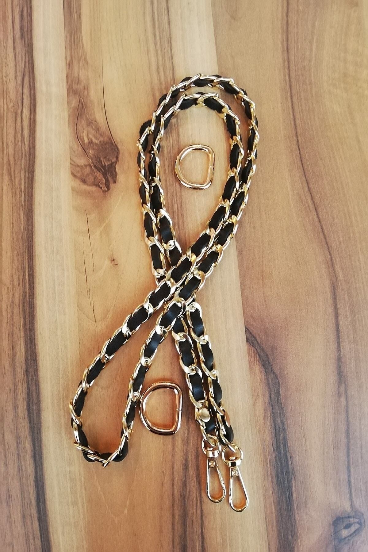 Nildenhobim Suni Derili Metal Çanta Zincir Seti Zincir Uzunluk 115 Cm Zincir Renk Altın Deri Siyah