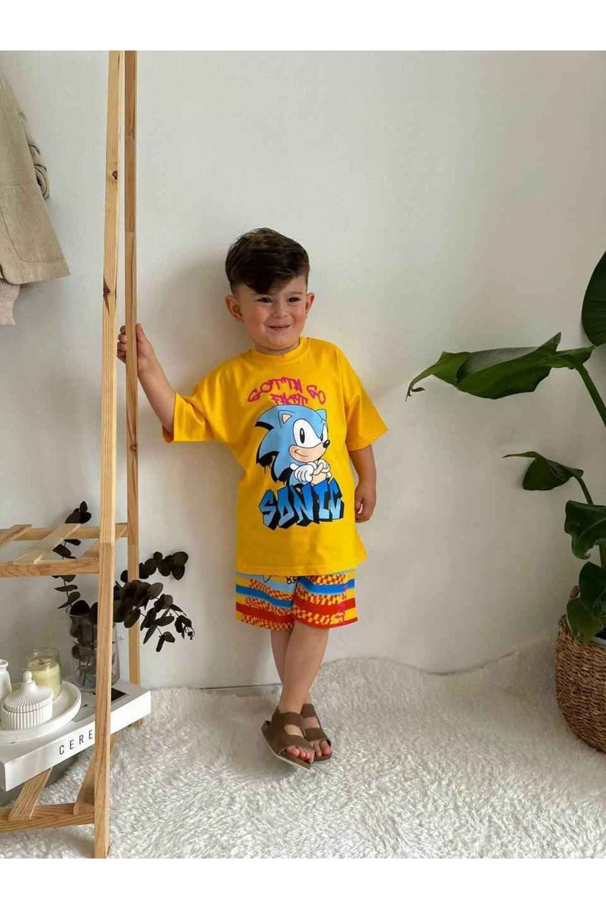 BİR DOZ ÇOCUK GÜLÜŞÜ-Sonic Cotton Patterned Shorts Set for Boy 3