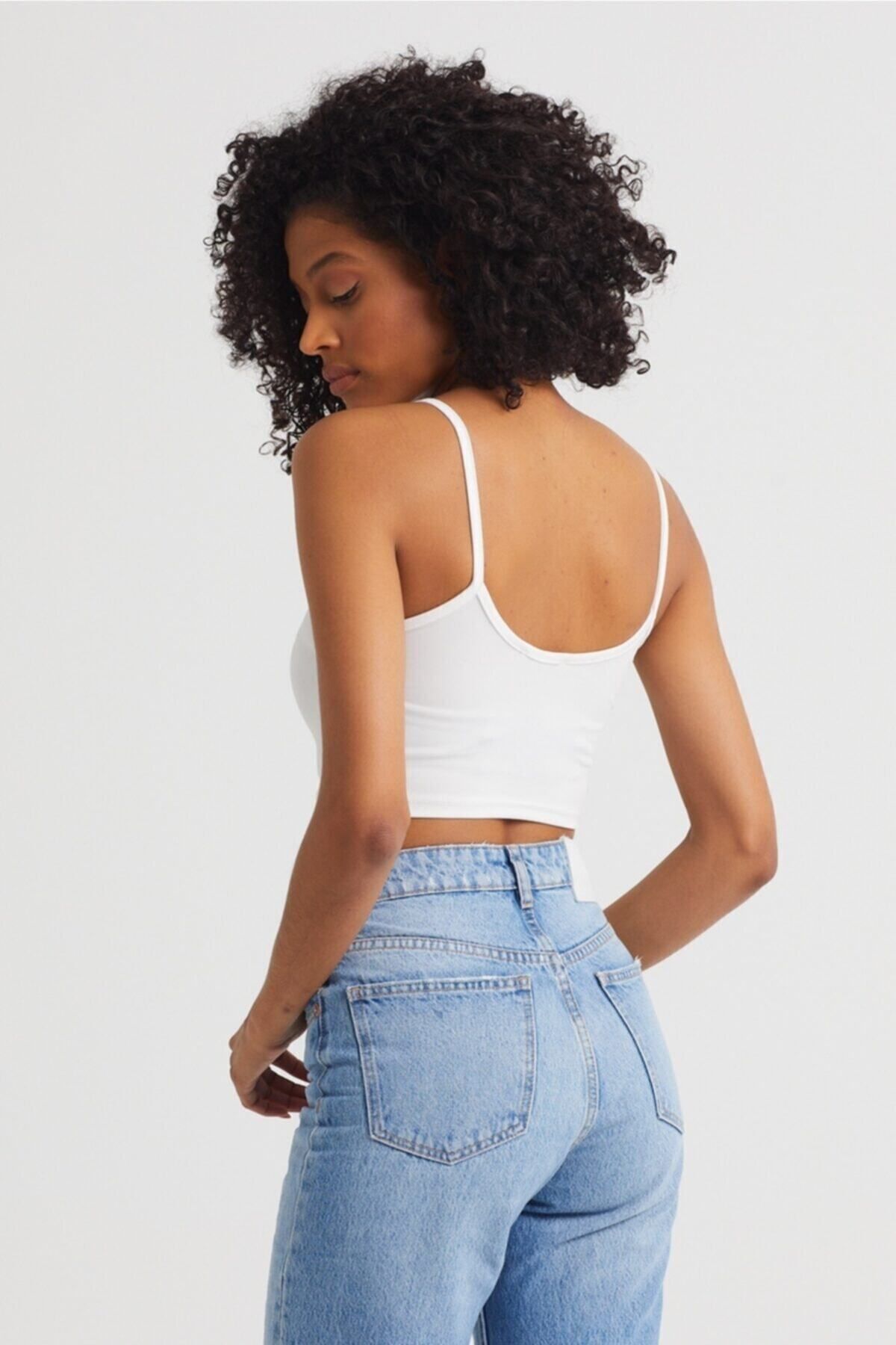 Kadın Ekru Scuba Kumaş İp Askılı Crop Top