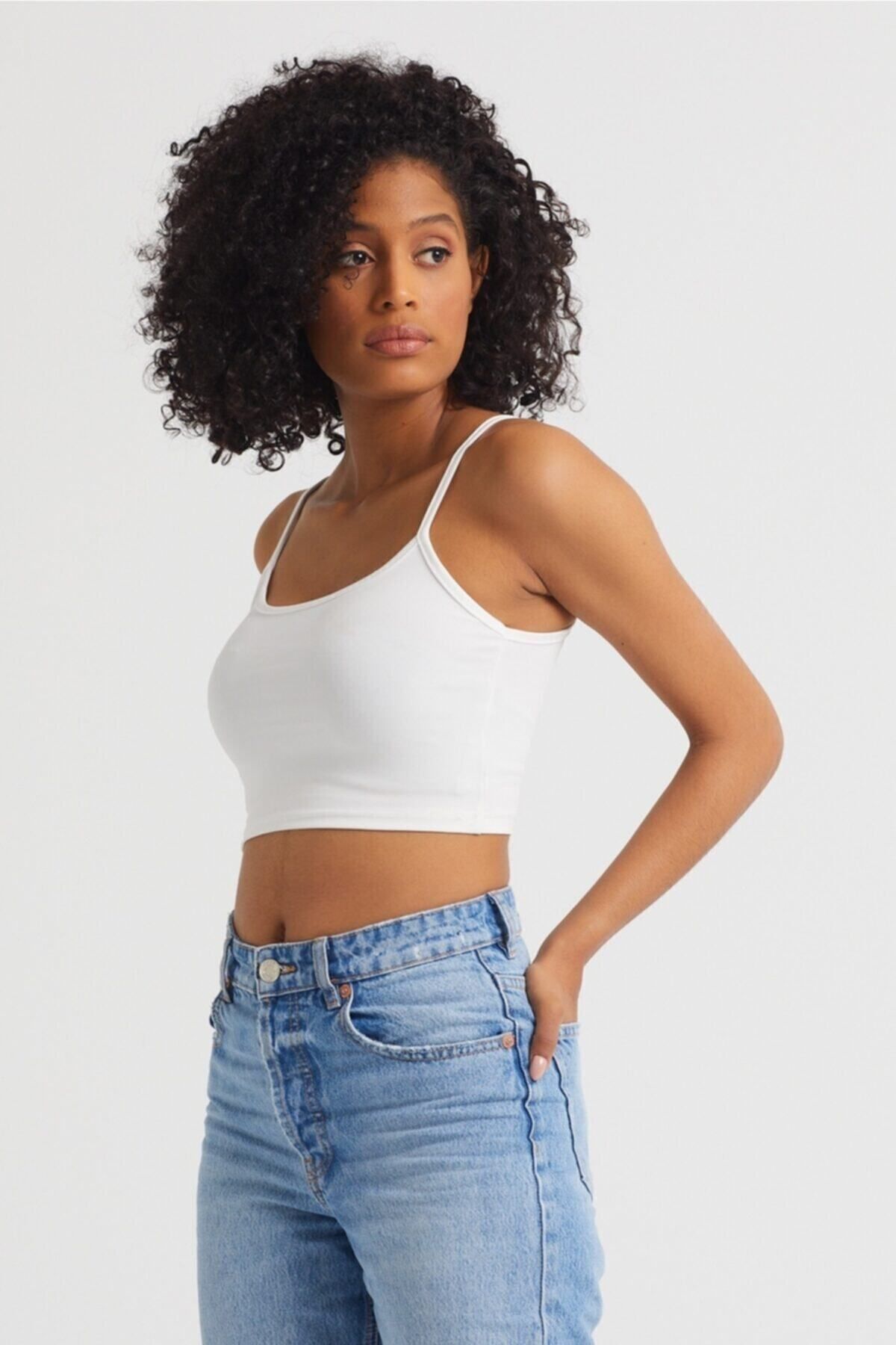 Kadın Ekru Scuba Kumaş İp Askılı Crop Top