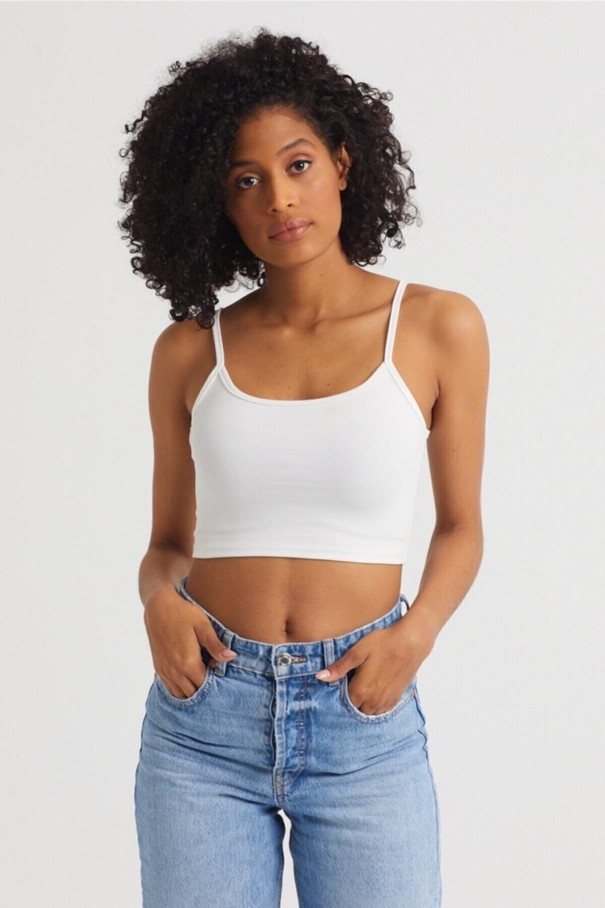 Kadın Ekru Scuba Kumaş İp Askılı Crop Top
