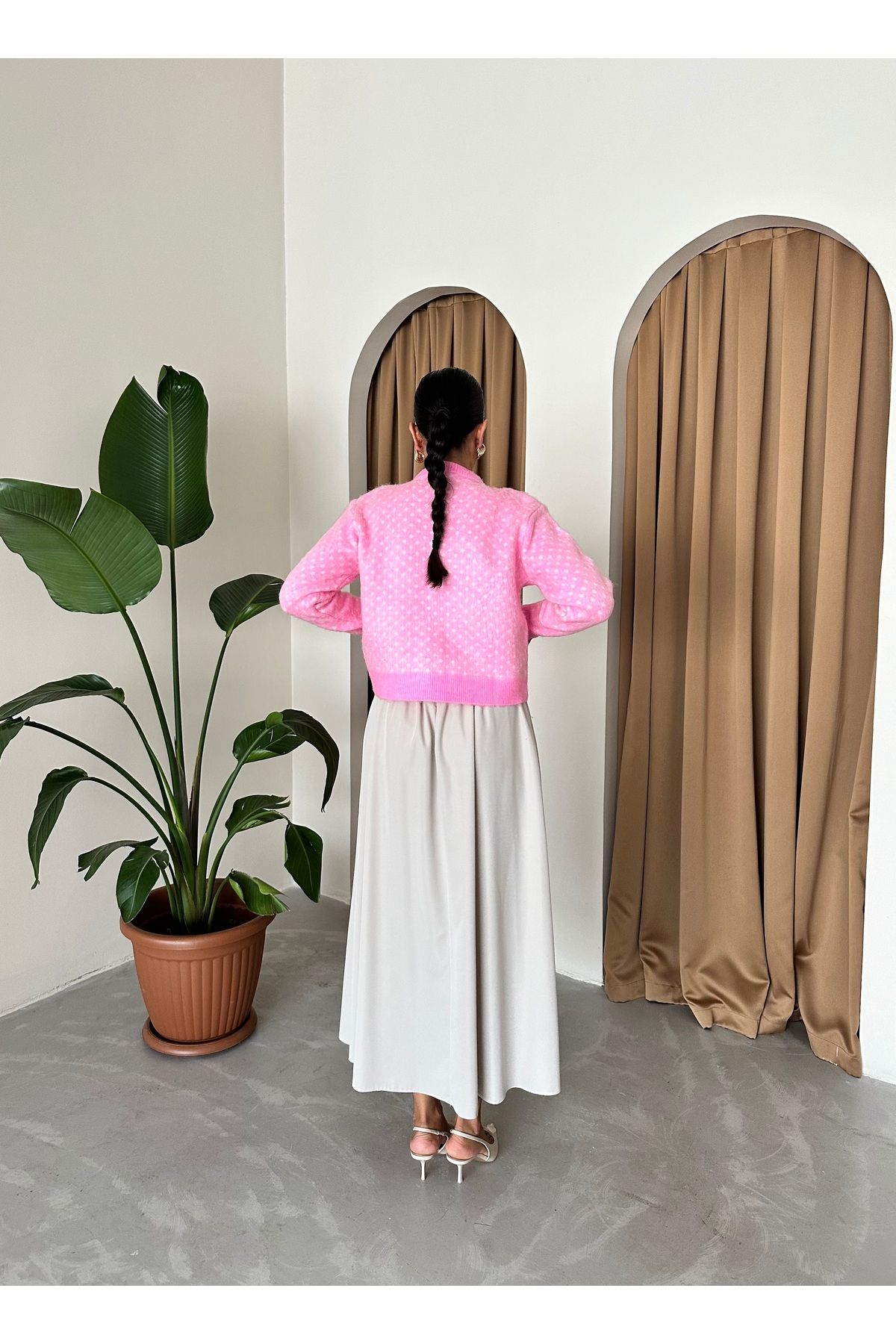 Laluvia-Bonbonrosa gemusterter Cardigan mit Goldknöpfen-4468 7