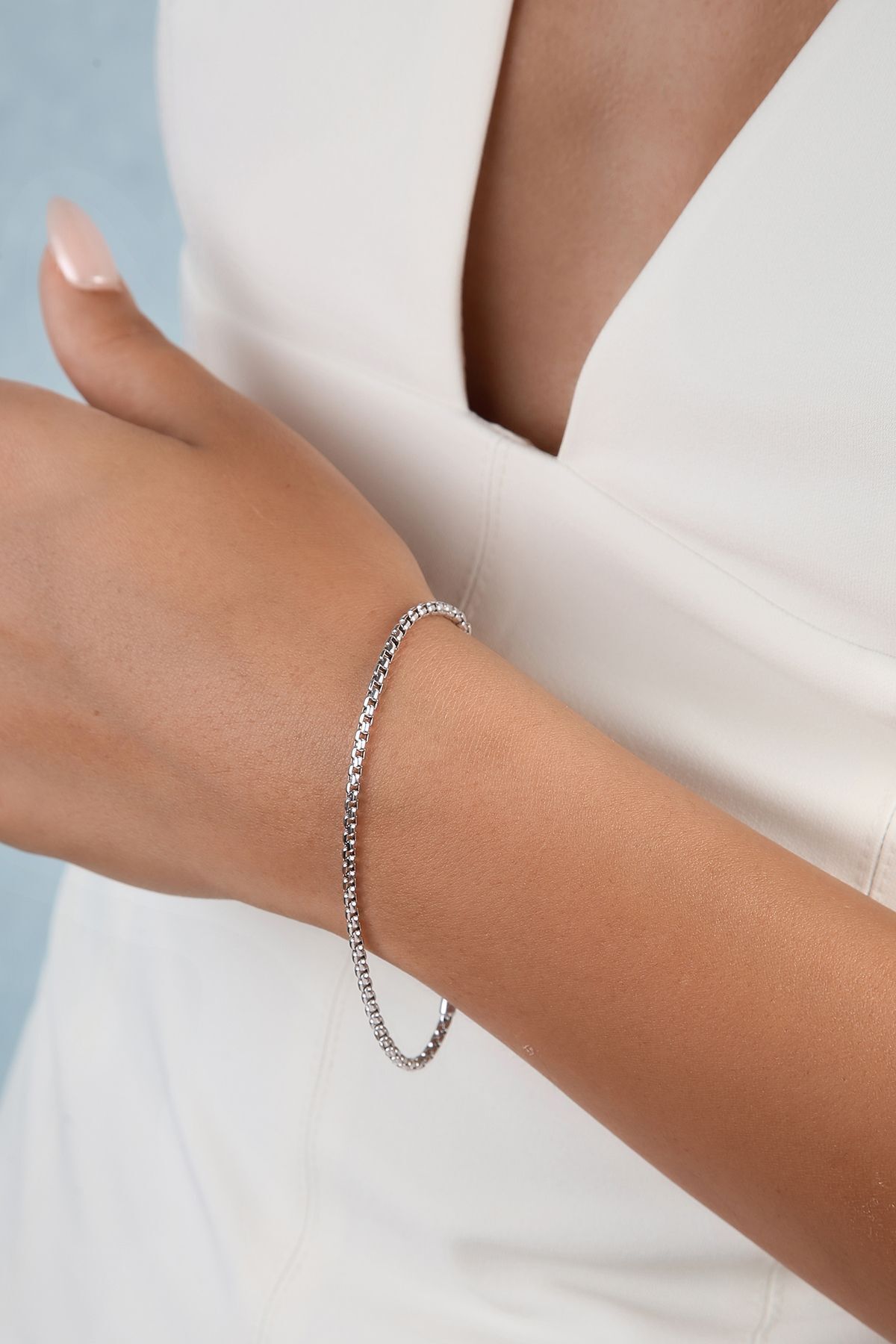 14 Ayar Altın Unisex Beyaz Kare Küp Zincir Bileklik 2.5 Mm 3