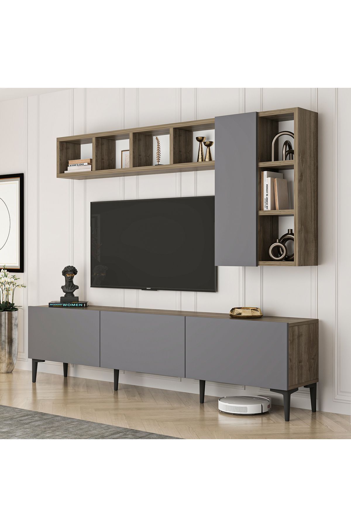 Luca 180 Cm Raflı Dolaplı Tv Ünitesi Antrasit Ceviz