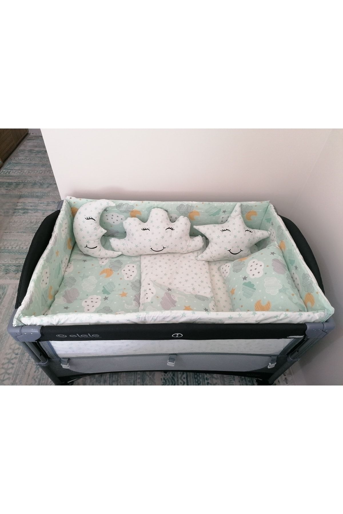 Bebek Özel Pamuklu 70x120 Park Beşik Uyku Seti Kenar Korumalı Yeşil Ay Yıldızlı (10 PARÇA) (Yorganlı) fotoğrafı 3 (önizleme)