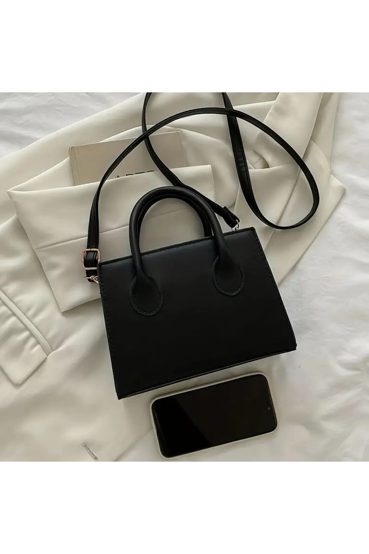 Kadın Siyah Trend Kare Çanta,Basit Mini Crossbody Çanta,Minimalist Saplı Omuz Çantası Çanta El Çanta