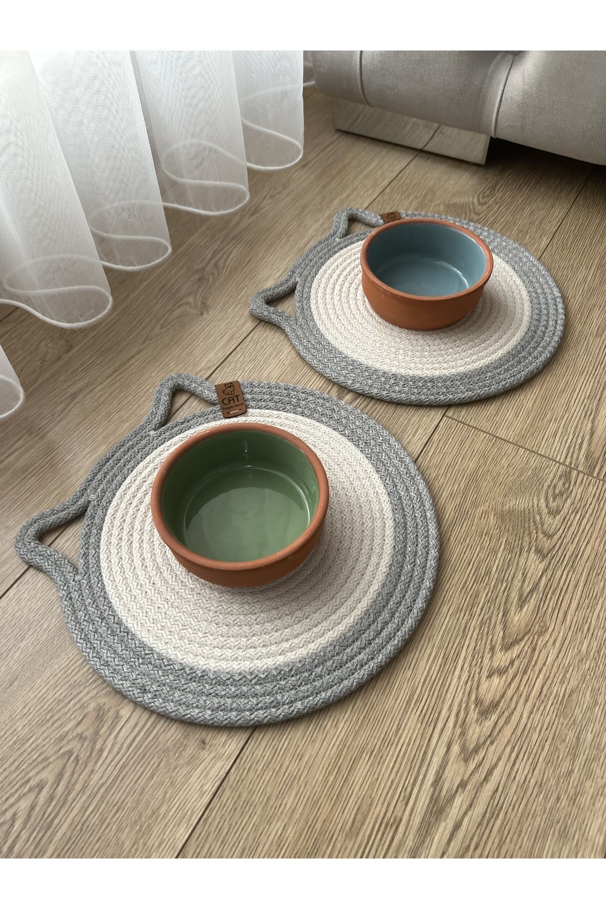 Supplo home Gri Kedi Evcil Hayvan Mama Paspası / Pamuk Ip Hasır Kedi Mama Altlığı 1 Çift