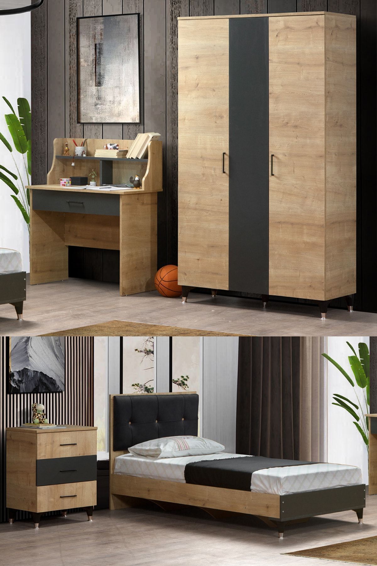 Setay Dark Genç Odası - 3 Kapılı Dolap, Karyola, Şifonyer, Çalışma Masası