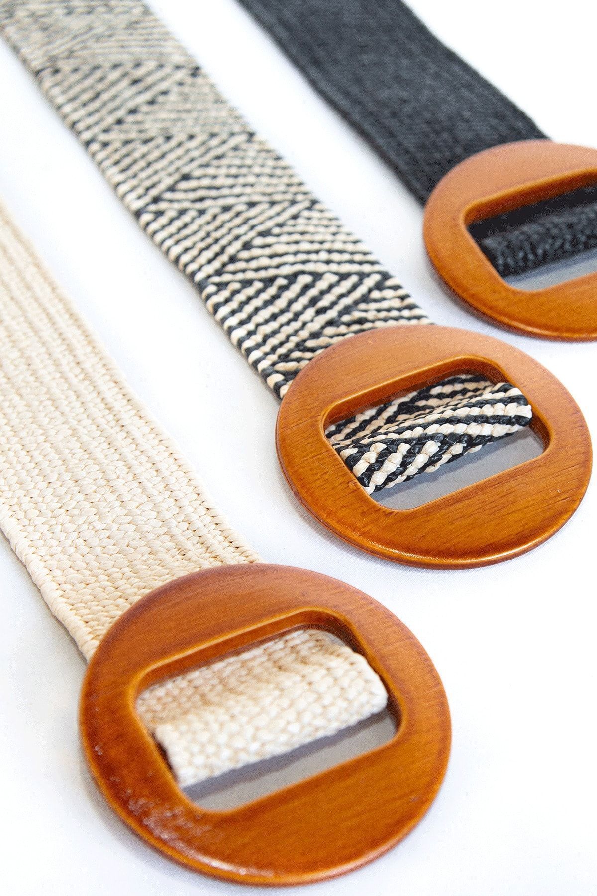 Sun Pieces-Beige Black Jute Elastic Belt, Wooden Buckle Straw Belt, Summer Belt 5