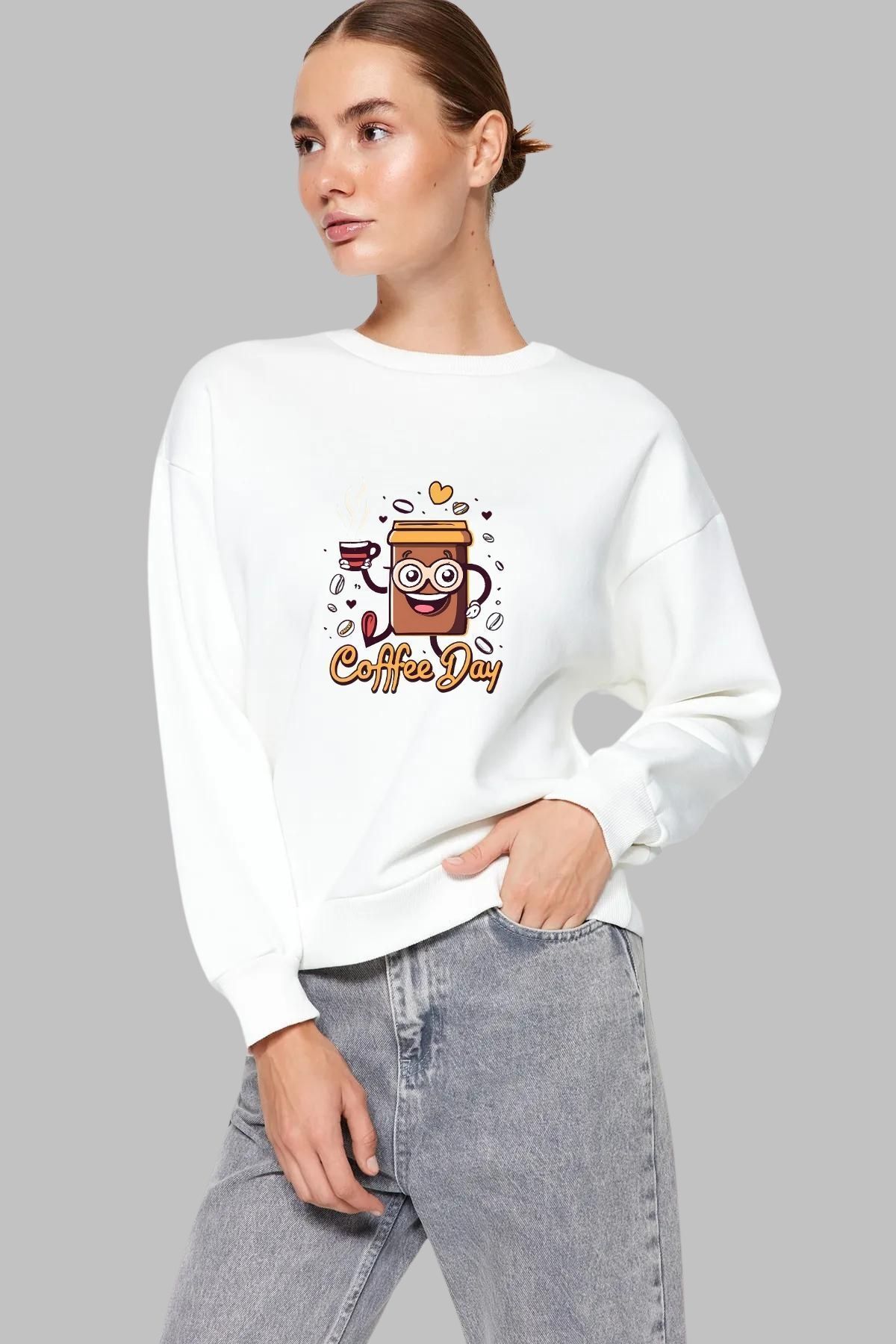 Nyda Collections Hanorac Oversize Unisex Cu Imprimeu Cafea - Mânecă Lungă, Decolteu, Fără Glugă, Înălțat, Bumbac Unisex - S