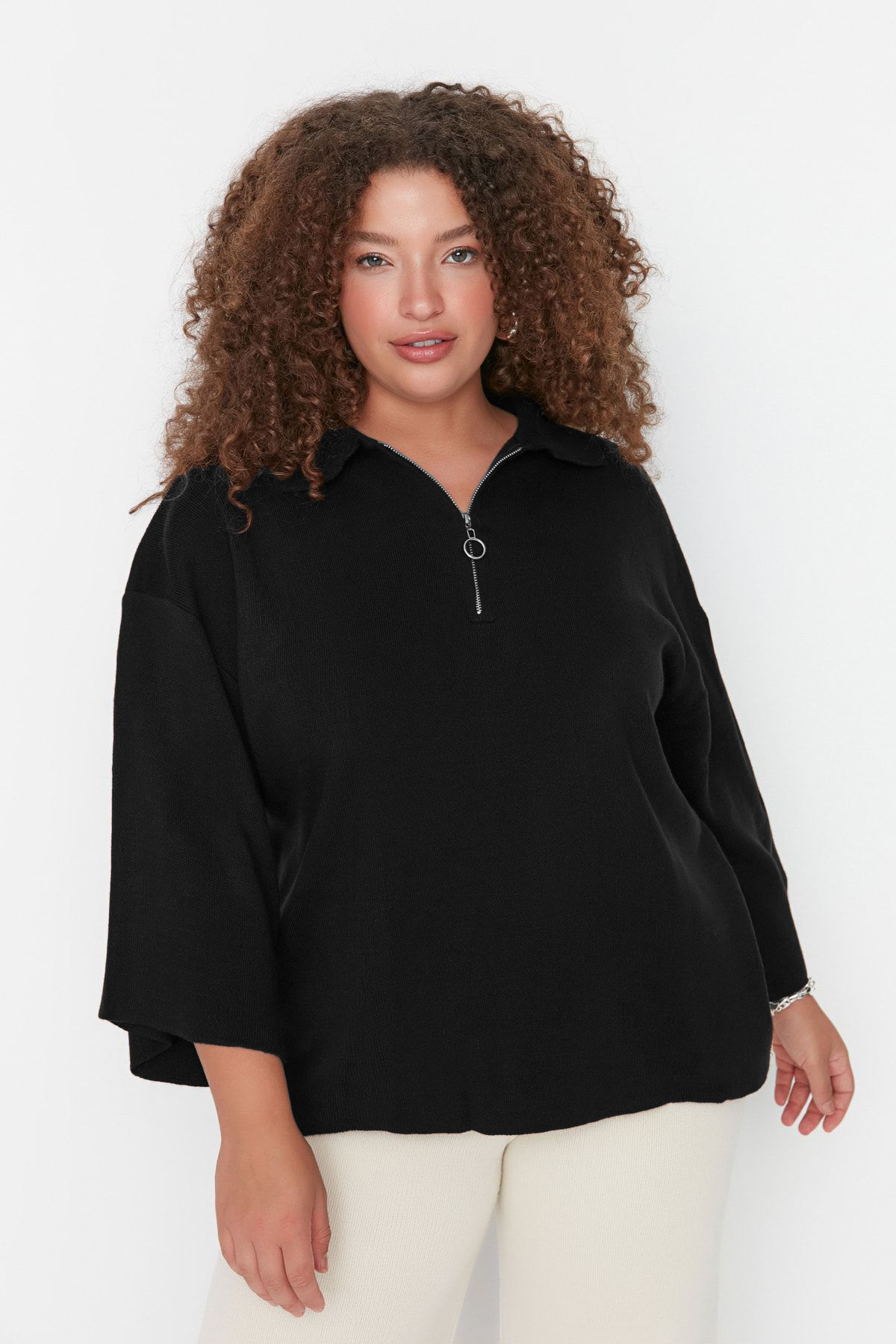 Trendyol Curve Czarny sweter polo z kołnierzykiem i zamkiem błyskawicznym, z ...