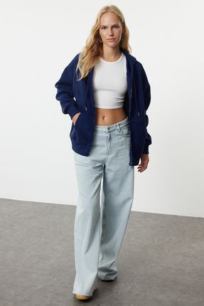 TRENDYOLMİLLA Koyu Lacivert Oversize/Rahat Kesim Fermuarlı Kalın İçi Polarlı Örme Sweatshirt TWOAW24SW00188