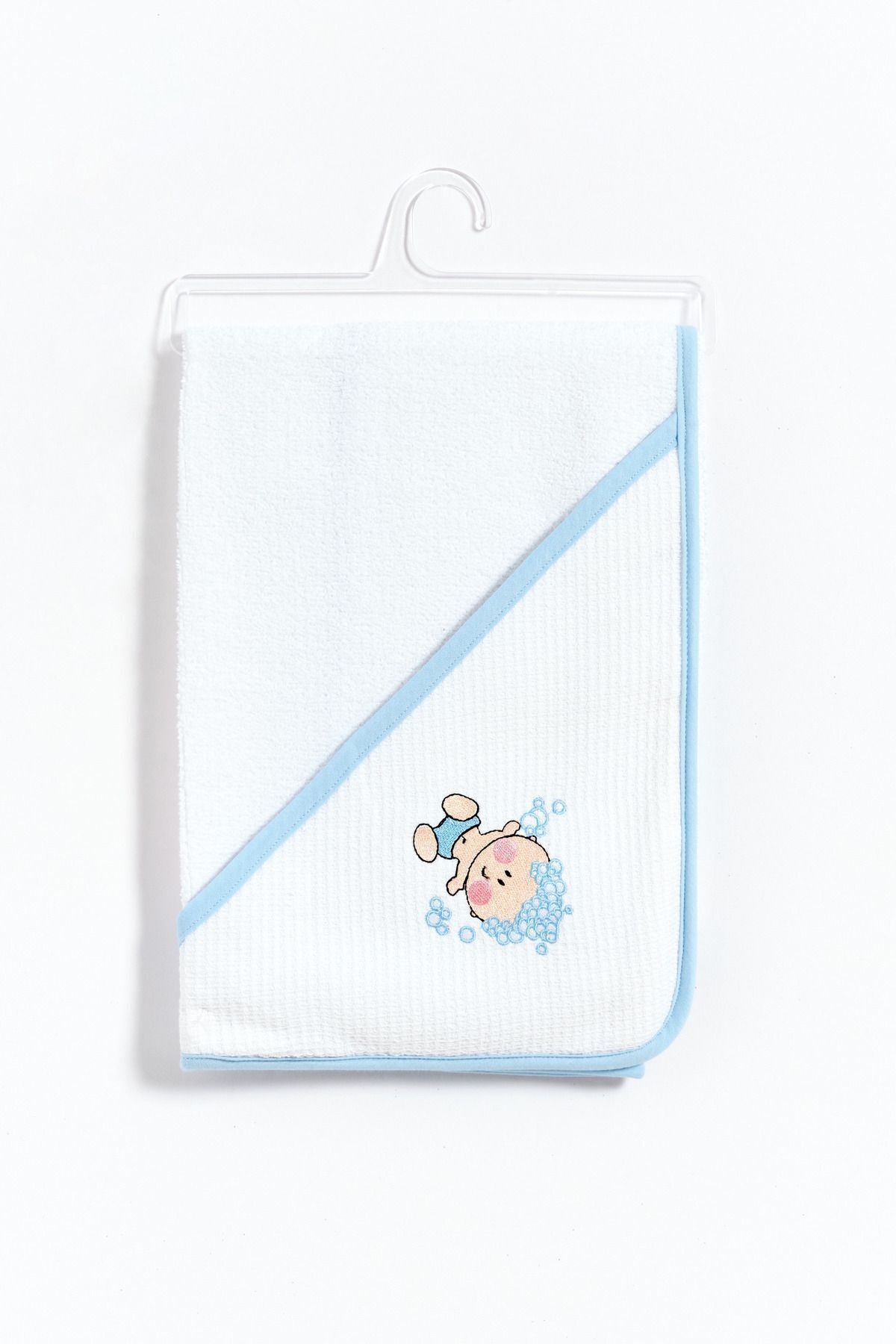100% Cotton Blue Bio Embroidery Detailed Baby Boy Swaddle - White
