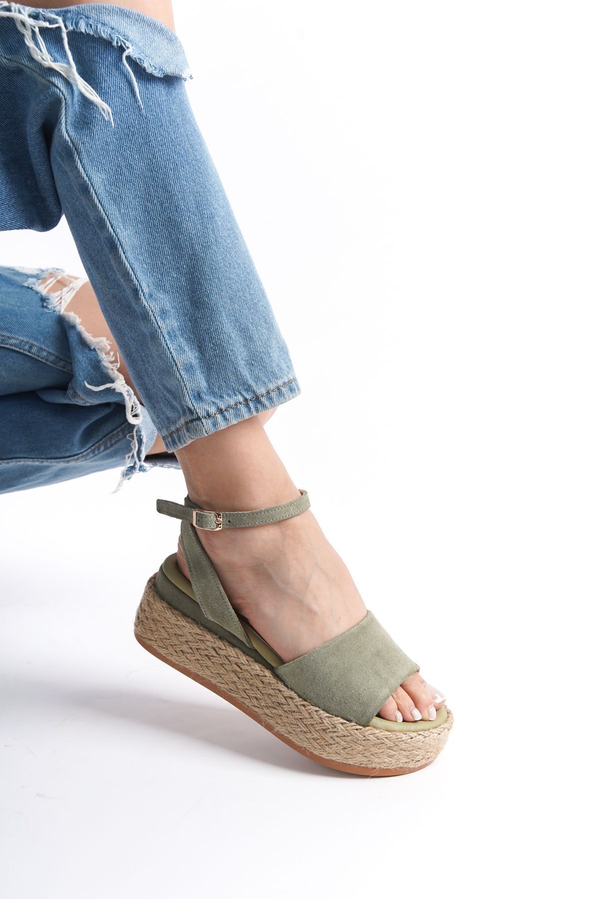 صندل سبز زنانه Riva Green Suede چرمی Wicker Fille Line INNTRO