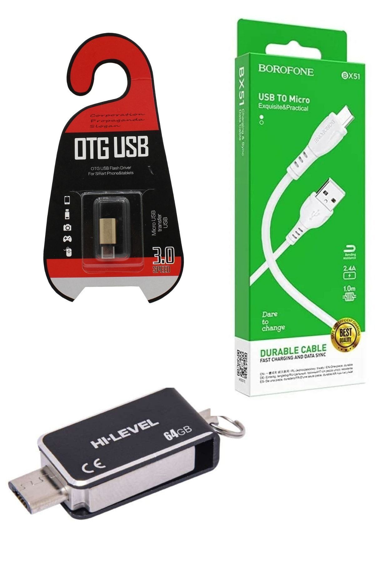 64 Gb Mini Otg Usb Bellek Borofone Micro Usb Şarj Kablosu Powerway Micro To Type-c Dönüştürücü