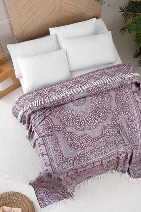 Evim Pamuklu Jakar Saçak Bağlamalı Mürdüm Yatak Örtüsü Çift Kişilik - 230x250 Cm