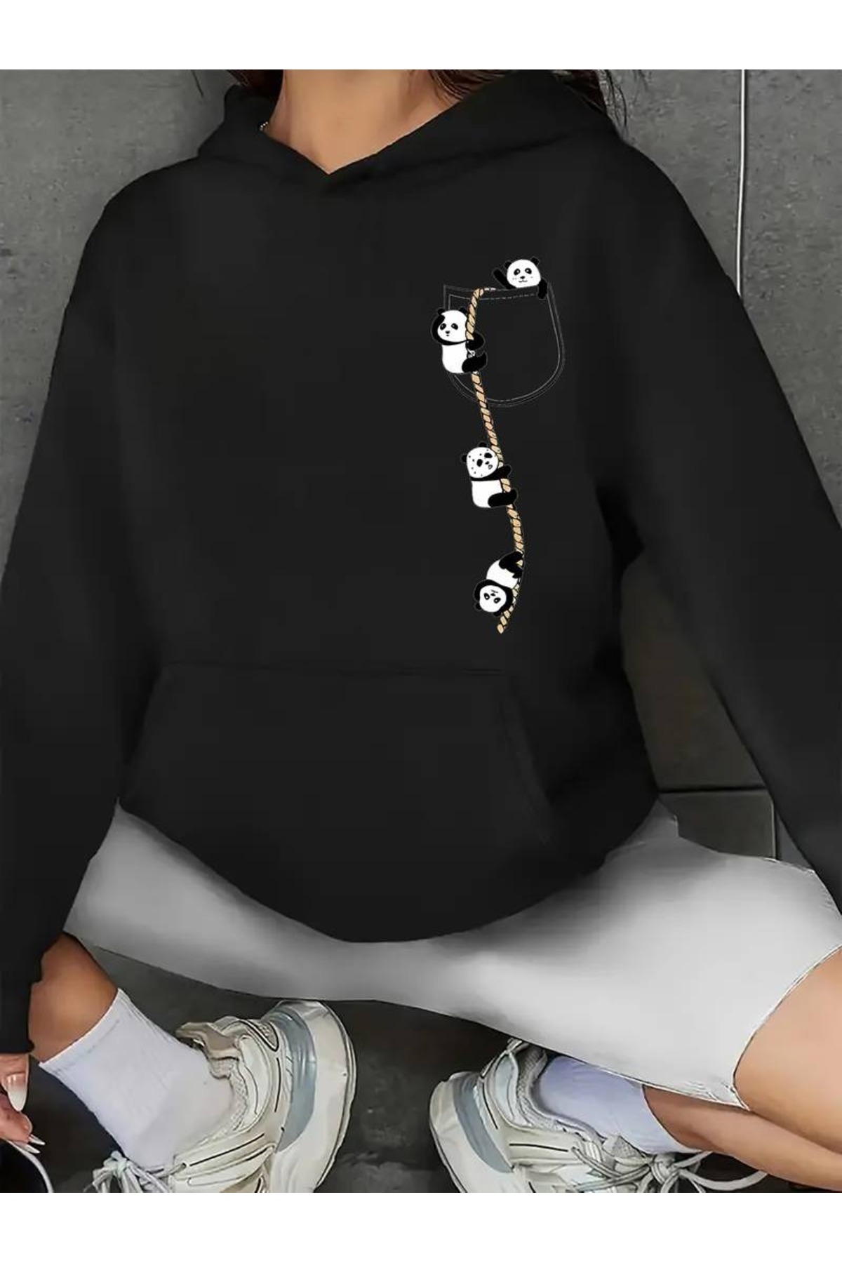 Women's Black Cute Pandas Printed 3 Yarn Hoodie Sweatshirt