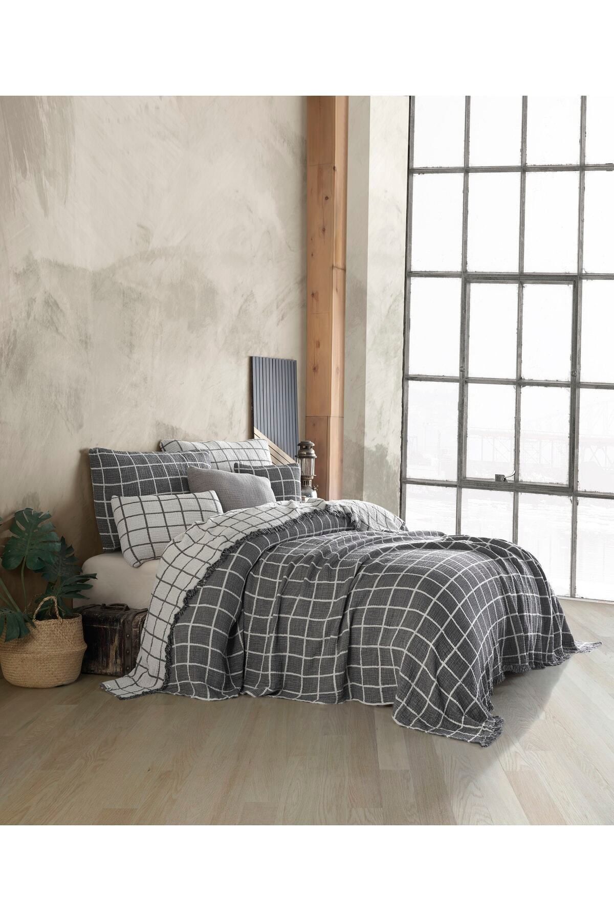 destinyhometex Gri Kare Desenli Naturel 4 Katlı Muslin %100 Pamuk Çift Kişillik Yatak Örtüsü/Pike 240x250cm.