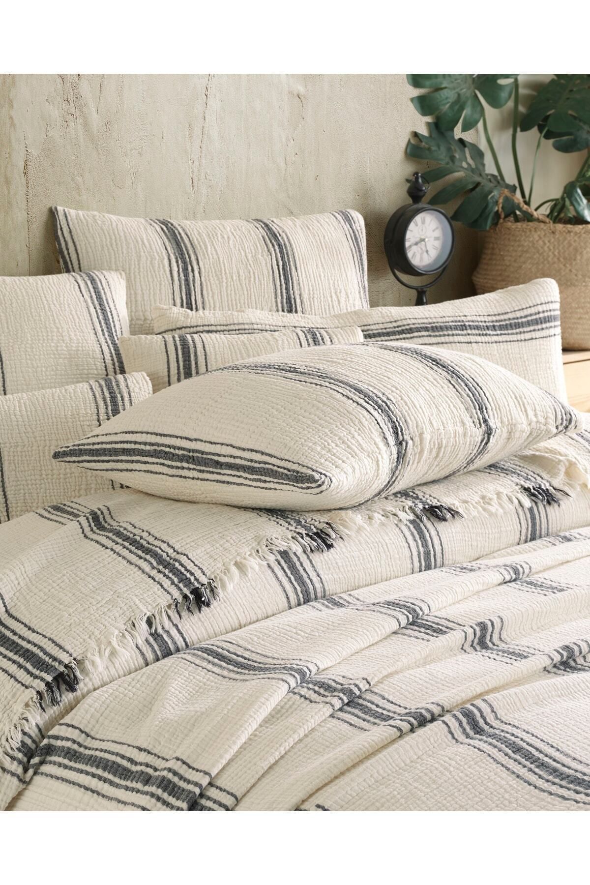 destinyhometex Bej Bohem Desenli Naturel 4 Katlı Muslin %100 Pamuk Çift Kişillik Yatak Örtüsü/Pike 240x250cm